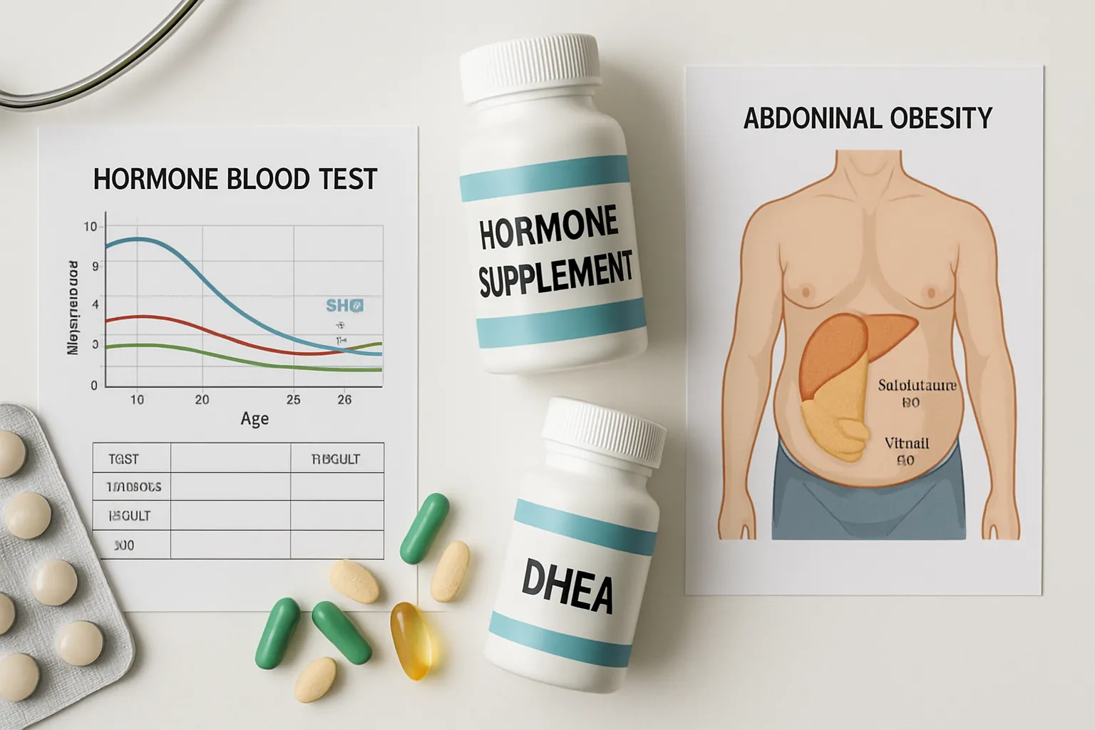 Ferramentas Essenciais para SHBG Suplementos hormonais e gráficos médicos organizados em superfície branca