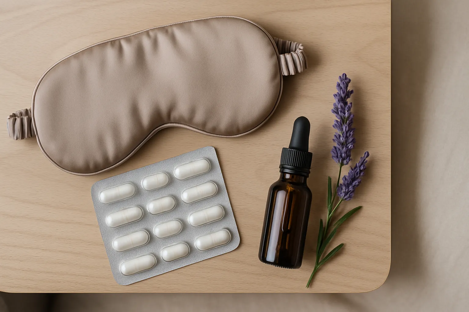 Suplemento de Glicina e Ferramentas do Protocolo Noturno Vista superior de pó de glicina, copo com água, colher dosadora e relógio mostrando horário noturno sobre superfície limpa