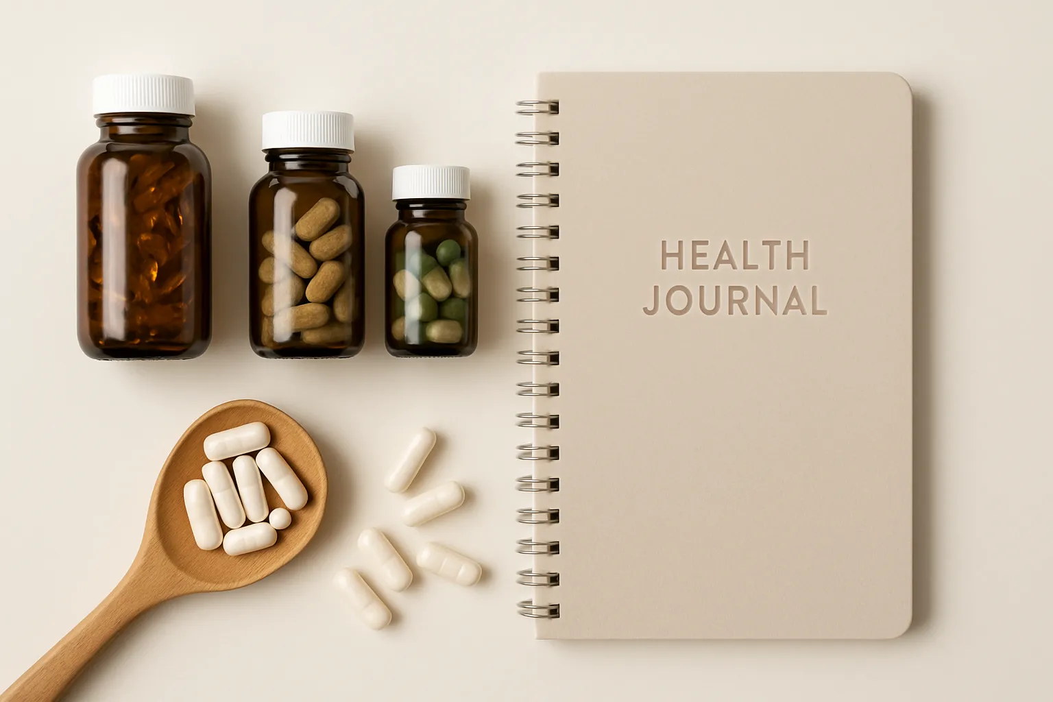 Suplementos e Alimentos Fontes de Espermidina Arranjo organizado de suplementos de espermidina, germe de trigo, cogumelos e queijos envelhecidos sobre superfície branca em composição flat lay