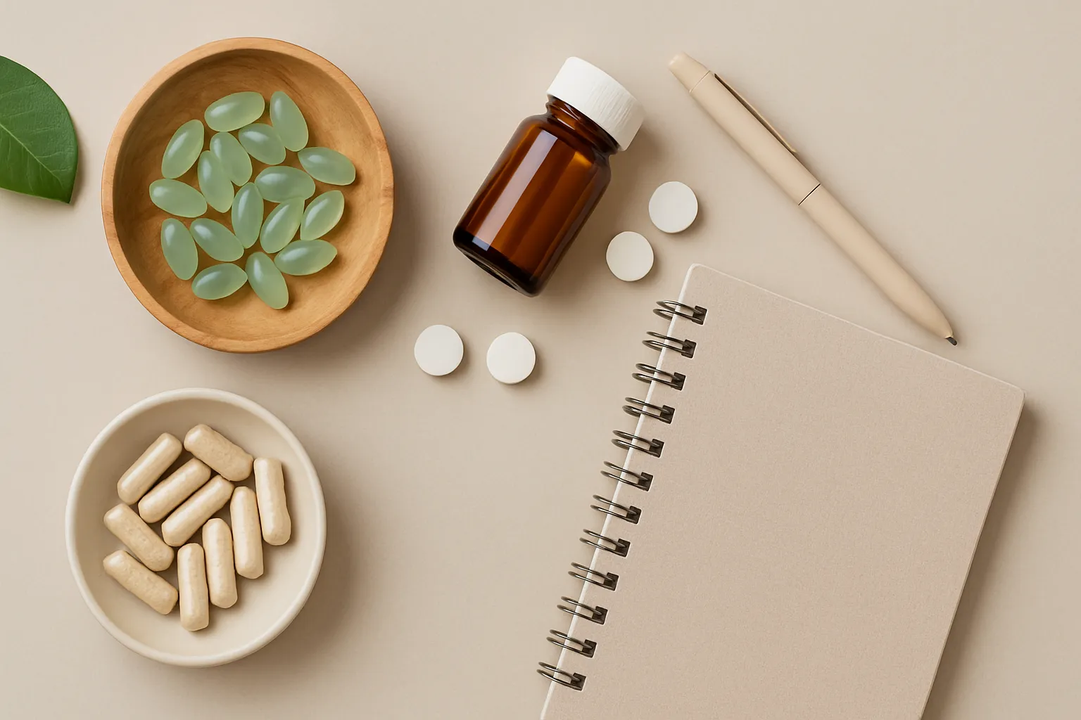 Suplementos de Apigenina e Camomila Organizados Arranjo organizado de suplementos de apigenina, flores de camomila secas e produtos naturais sobre superfície branca, mostrando as ferramentas essenciais para neuroproteção natural