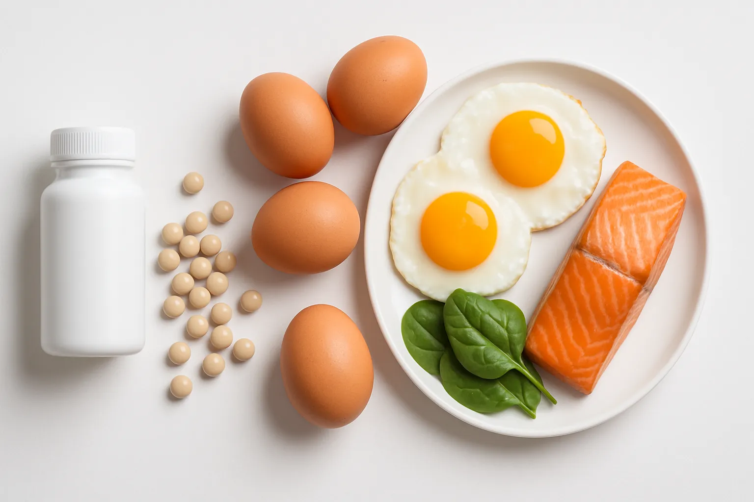 Suplementos de colina, ovos, salmão e brócolis organizados em flat lay sobre superfície branca, fontes essenciais do nutriente