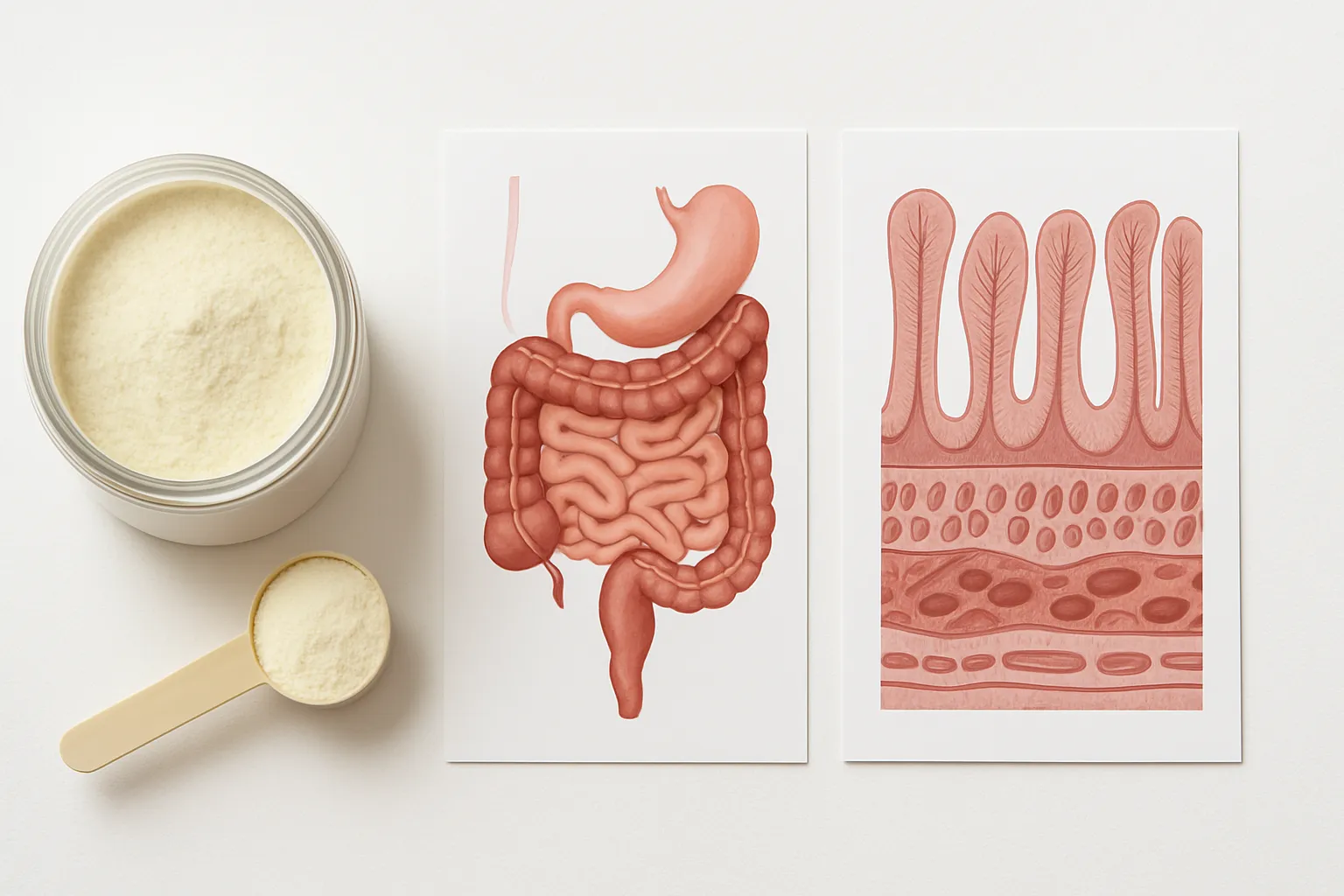 Suplementos de Colostro Bovino e Ferramentas de Saúde Frasco de colostro bovino em pó com colher dosadora e gráficos de saúde intestinal sobre superfície branca