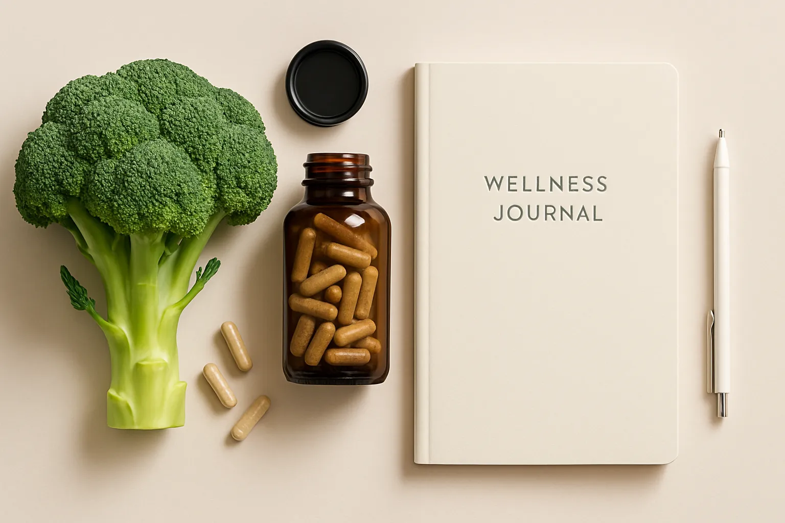 Suplementos e diário de saúde sobre mesa limpa Frascos de suplementos de sulforafano e diário de saúde organizados sobre superfície limpa, representando protocolo de otimização celular