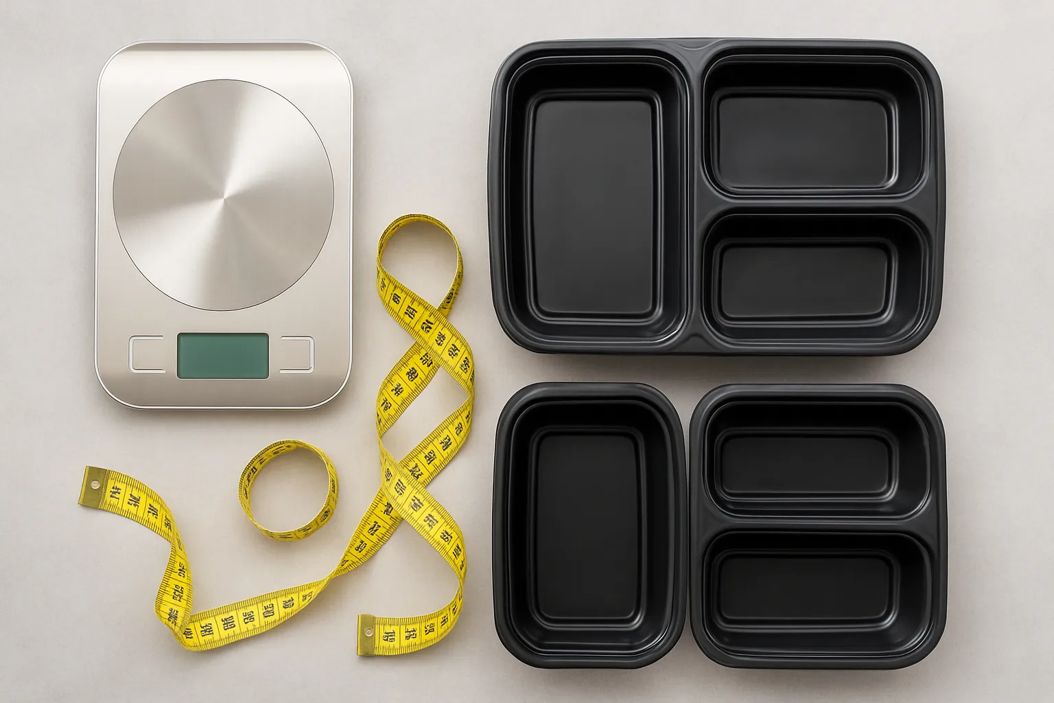 Suplementos e ferramentas para controle de peso Balança de alimentos e fita métrica com recipientes para preparação de refeições organizados sobre superfície limpa