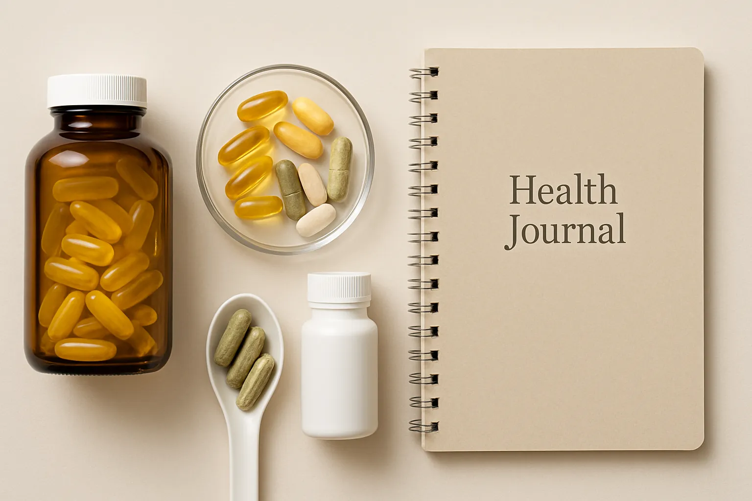 Suplementos e ferramentas para dieta low-oxalate Suplementos de citrato de magnésio e materiais informativos sobre oxalatos organizados em superfície limpa