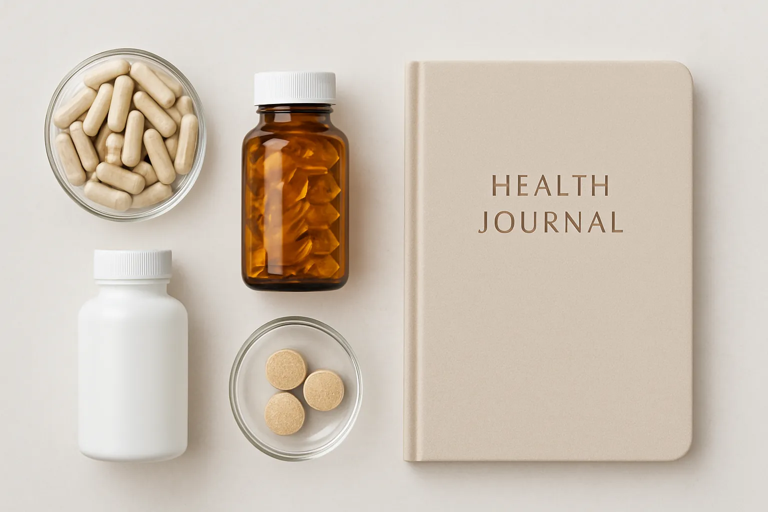 Suplementos e ferramentas essenciais para protocolo de regeneração intestinal Vista superior de suplementos para saúde intestinal incluindo probióticos, L-glutamina e ômega-3 organizados sobre superfície limpa