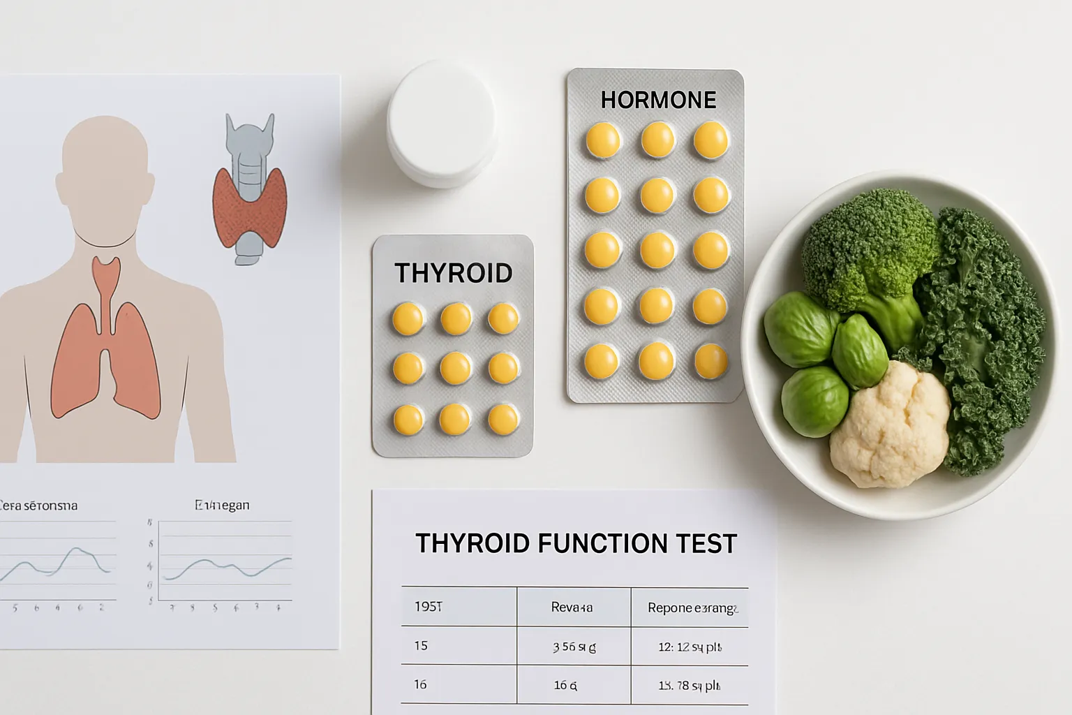 Suplementos e Ferramentas para Monitoramento da Tireoide Suplementos de iodo e selênio com gráficos médicos sobre função tireoidiana organizados em superfície branca