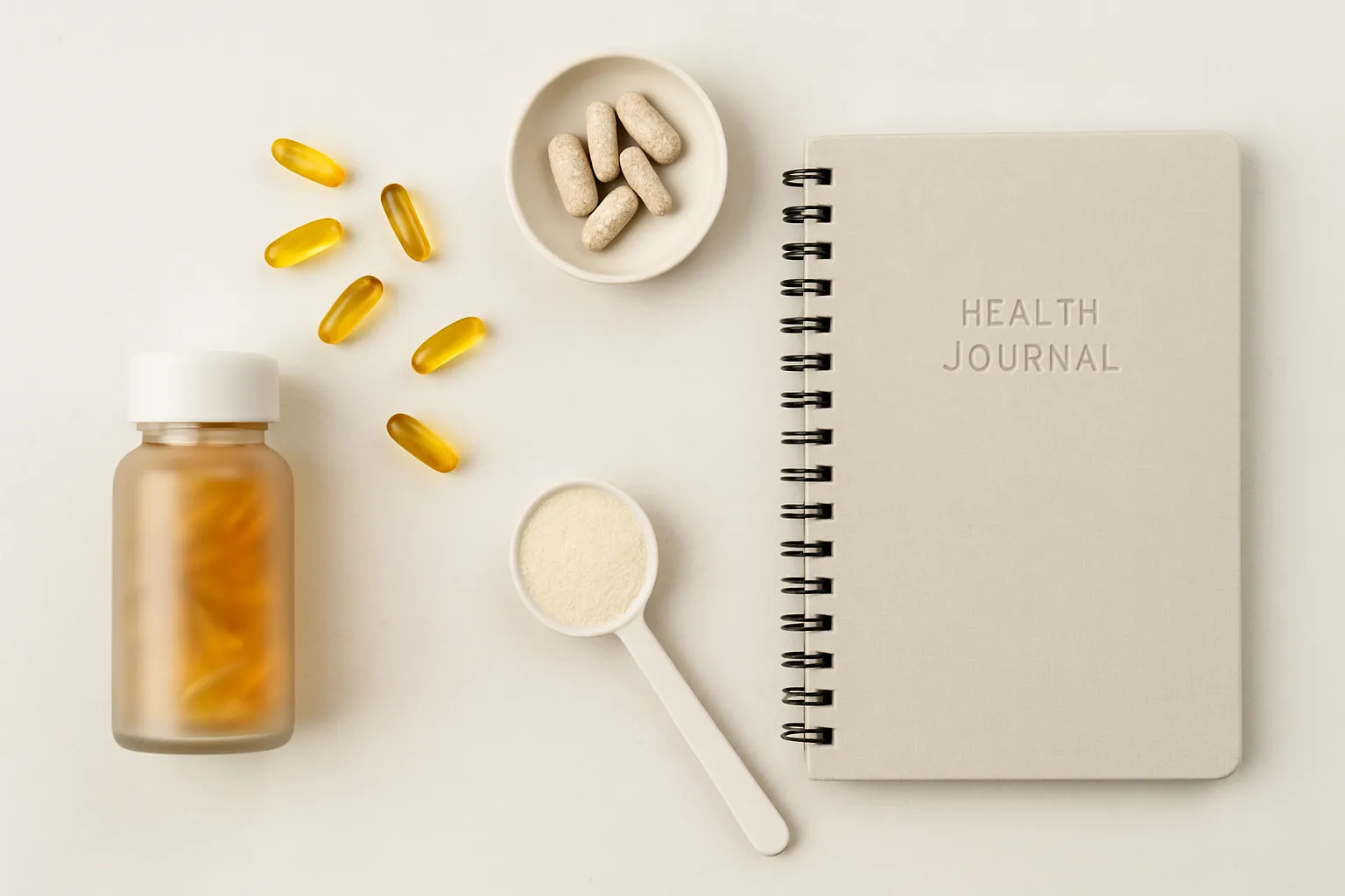 Arranjo organizado de suplementos, aminoácidos e ferramentas de monitoramento de saúde sobre superfície limpa, ilustrando o controle da metionina