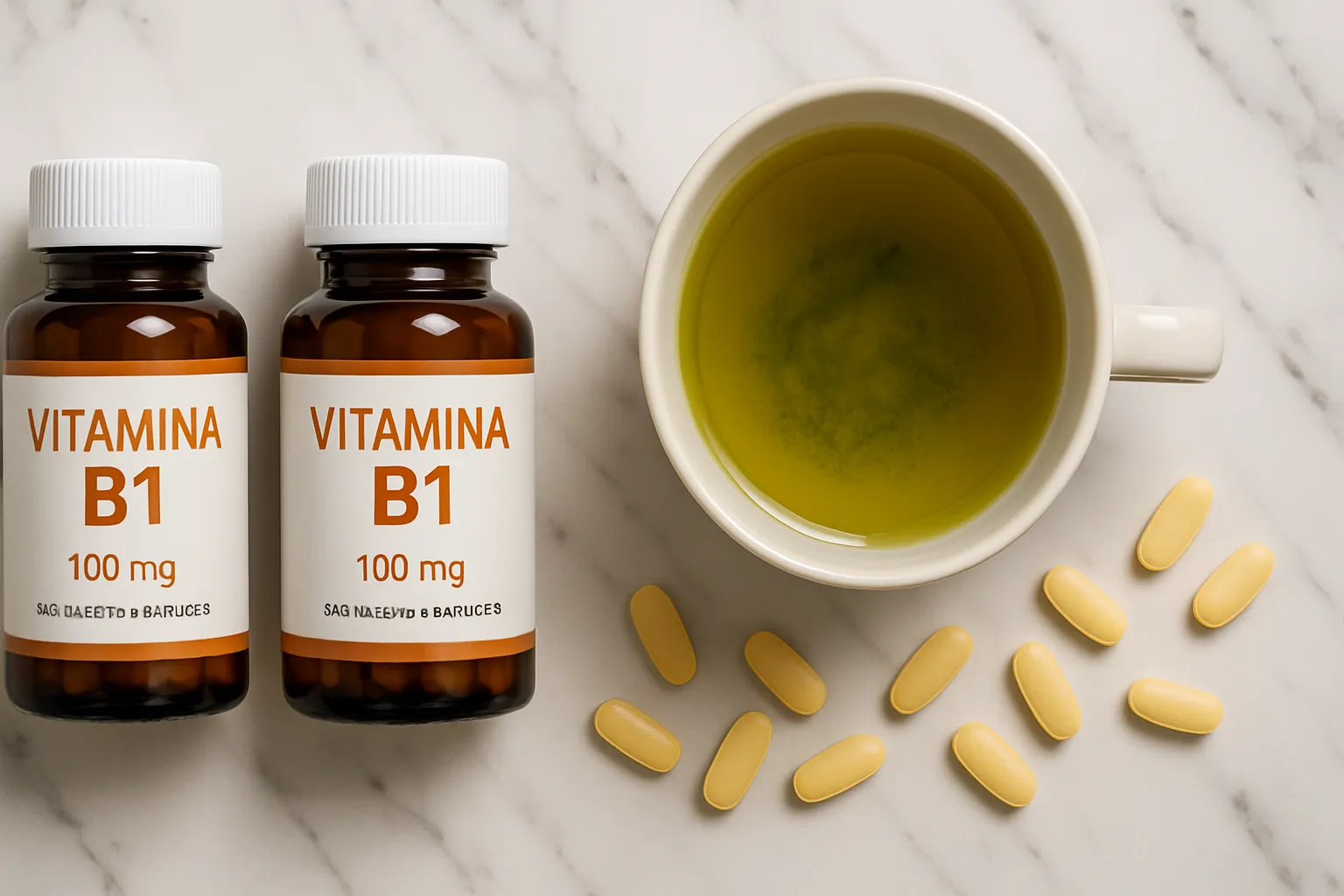 Frascos de vitaminas e gráficos médicos organizados em superfície branca, mostrando suplementos de vitamina B1