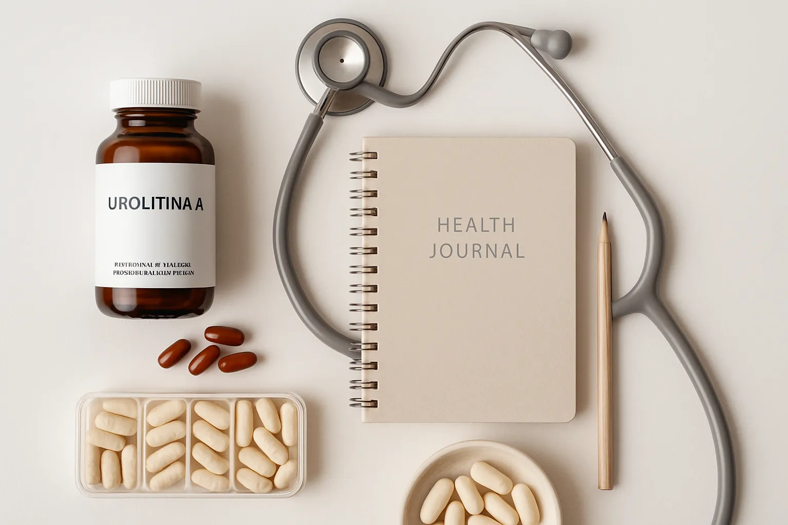 Suplementos e ferramentas para otimização da urolitina A Arranjo organizado de suplementos de wellness e diário de saúde sobre mesa limpa, representando ferramentas essenciais para longevidade