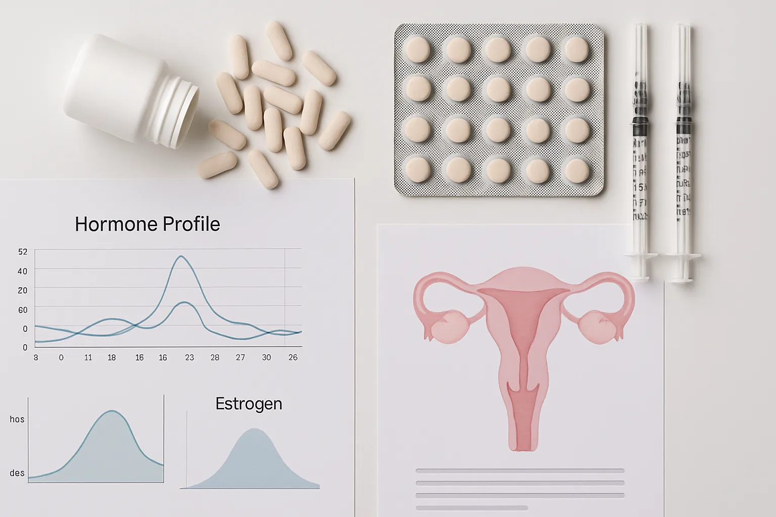 Suplementos Hormonais e Gráficos Médicos Organizados Suplementos hormonais e gráficos médicos organizados em superfície branca para tratamento do estroboloma