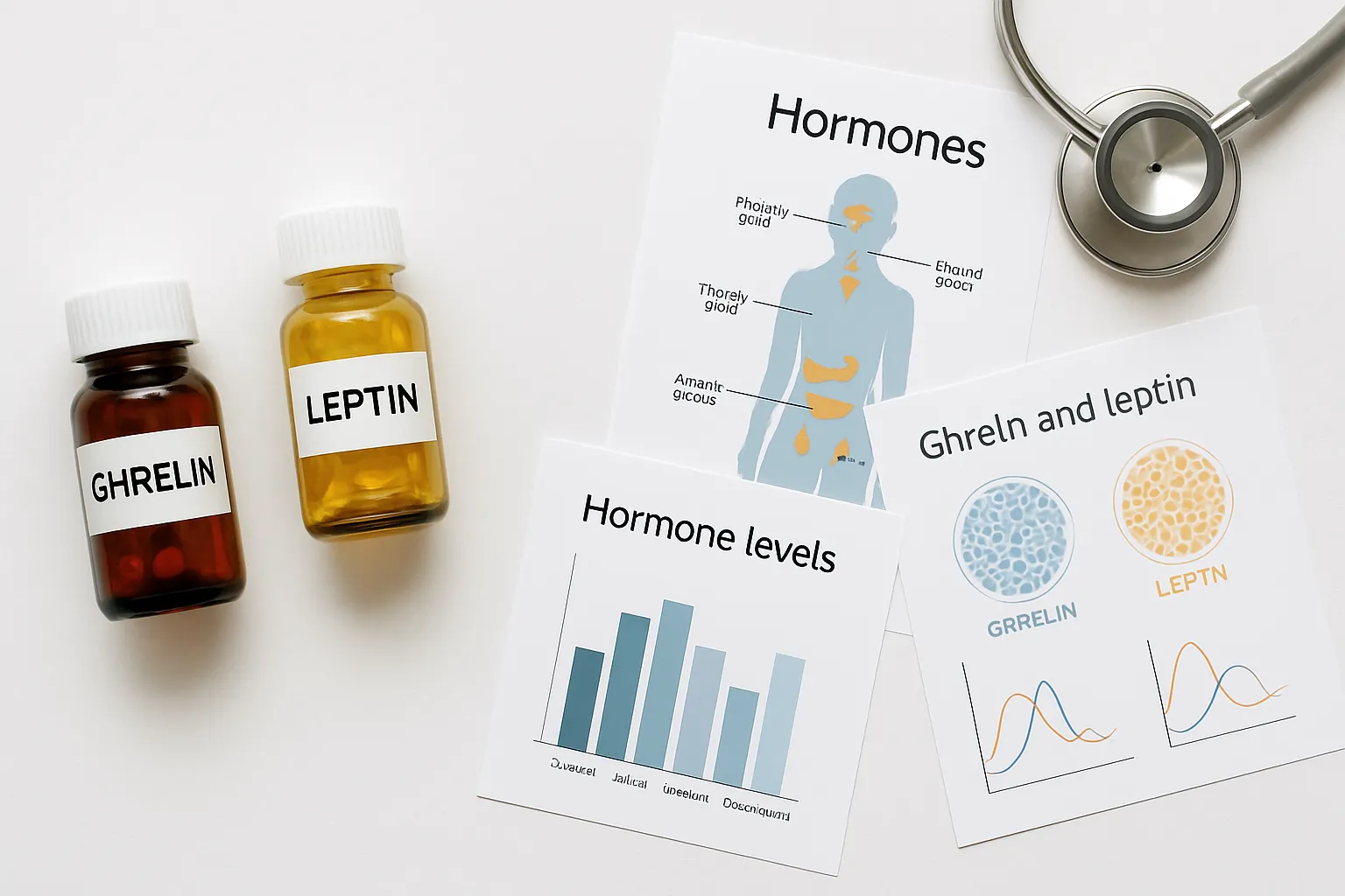 Suplementos Hormonais e Gráficos Médicos Suplementos hormonais e gráficos médicos organizados sobre superfície branca para controle da grelina