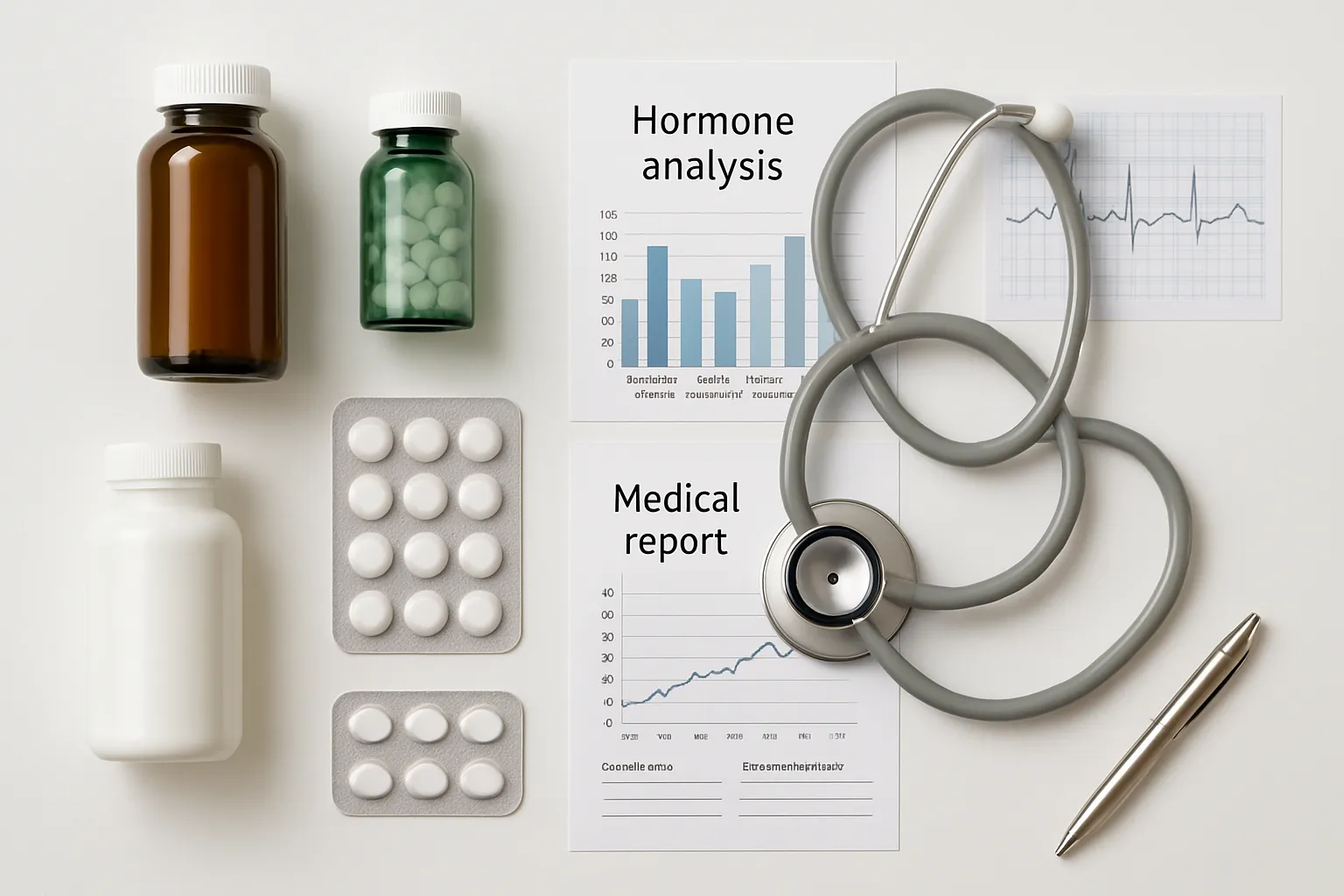 Suplementos de inositol e gráficos médicos sobre hormônios organizados em superfície branca, mostrando ferramentas para tratamento de SOP