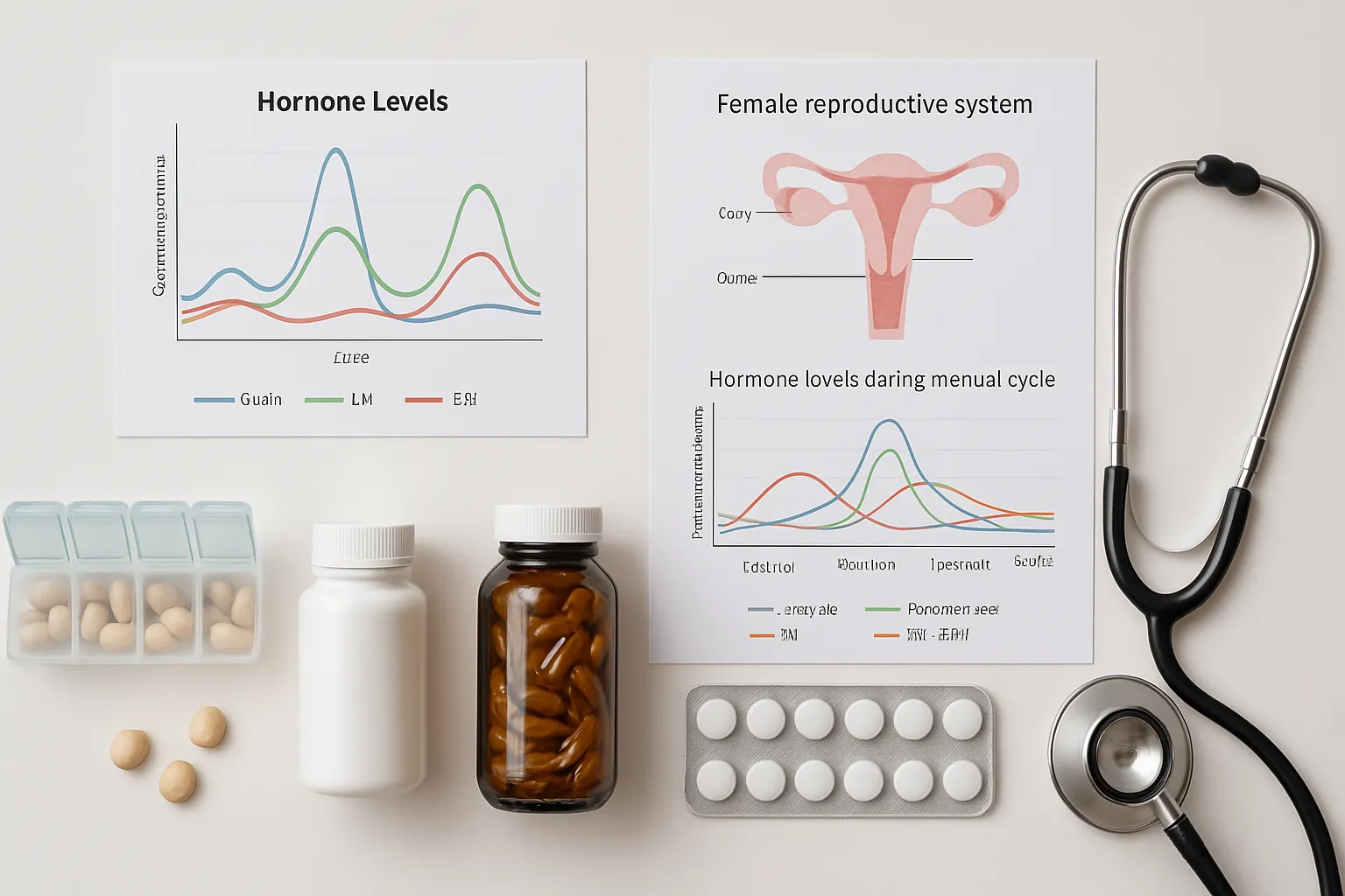 Suplementos hormonais e gráficos médicos organizados sobre superfície branca, representando ferramentas para regulação da kisspeptina e hormônios sexuais
