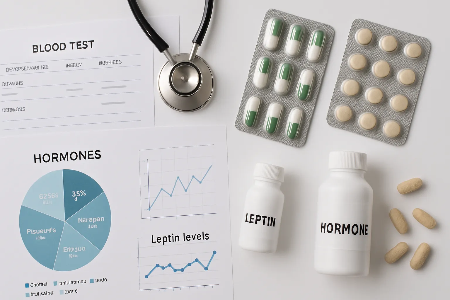 Suplementos hormonais e gráficos médicos organizados sobre superfície branca para tratamento da resistência à leptina