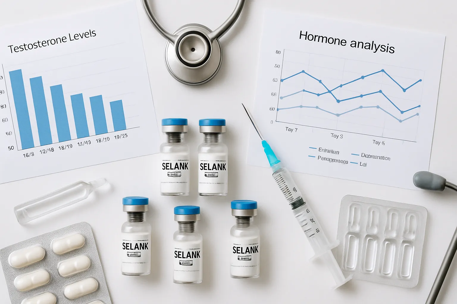 Suplementos hormonais e gráficos médicos organizados Suplementos hormonais e gráficos médicos organizados sobre superfície branca para tratamento natural da ansiedade