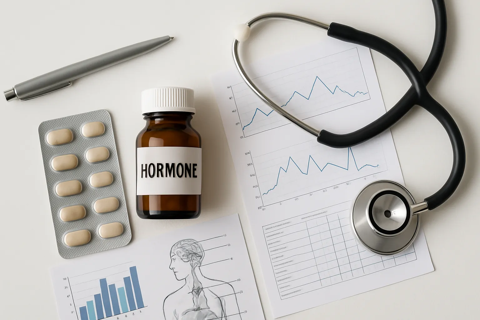 Suplementos hormonais e gráficos médicos organizados Suplementos hormonais e gráficos médicos organizados sobre superfície branca, representando ferramentas essenciais para controle do estresse adaptativo