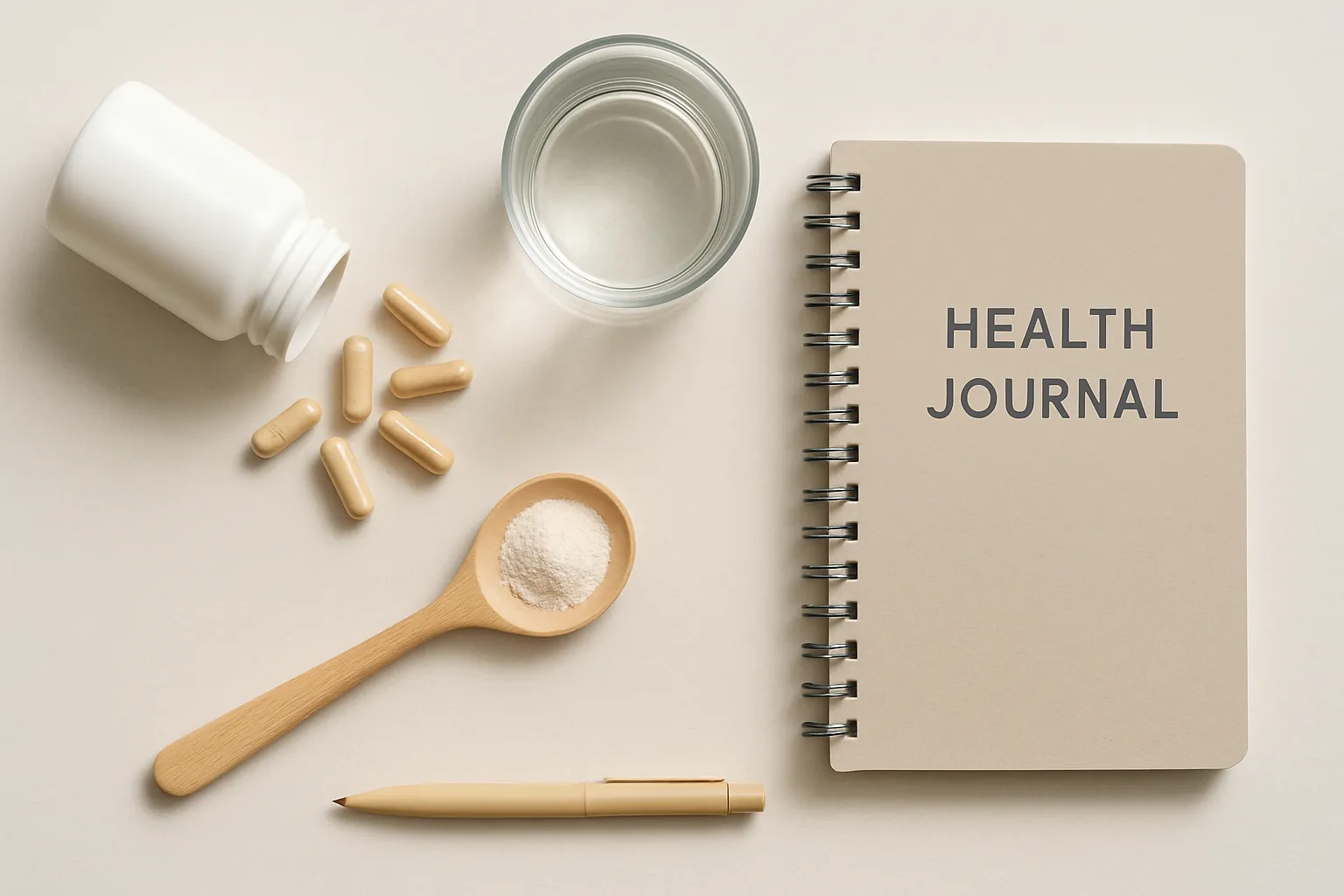 Arranjo organizado de suplementos de nicotinamida ribosídeo, vitaminas e ferramentas de wellness em superfície limpa, estilo flat lay médico