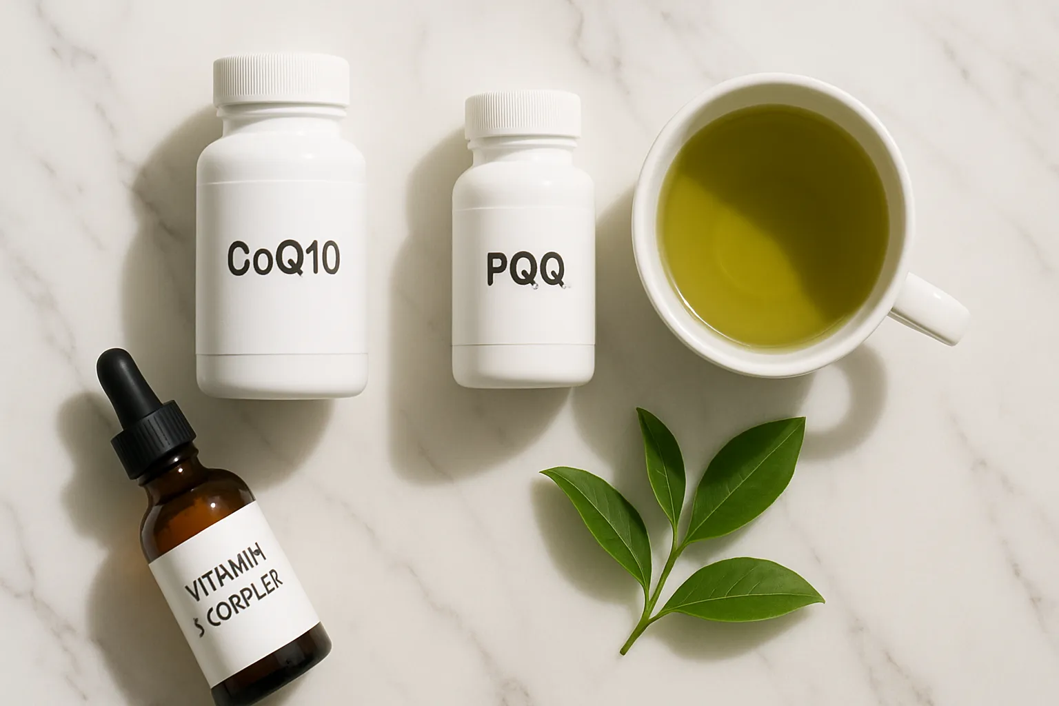 Suplementos PQQ e Ferramentas de Bem-estar Frascos de suplementos PQQ e vitaminas organizados em superfície limpa para protocolo de energia celular