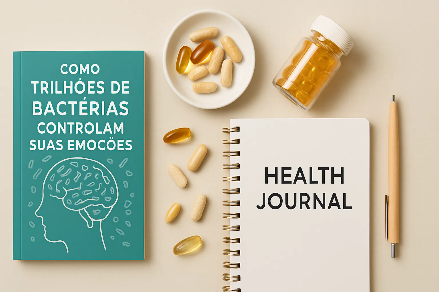 Suplementos probióticos e alimentos fermentados organizados Frascos de probióticos, kefir e alimentos fermentados dispostos em superfície limpa representando psicobióticos