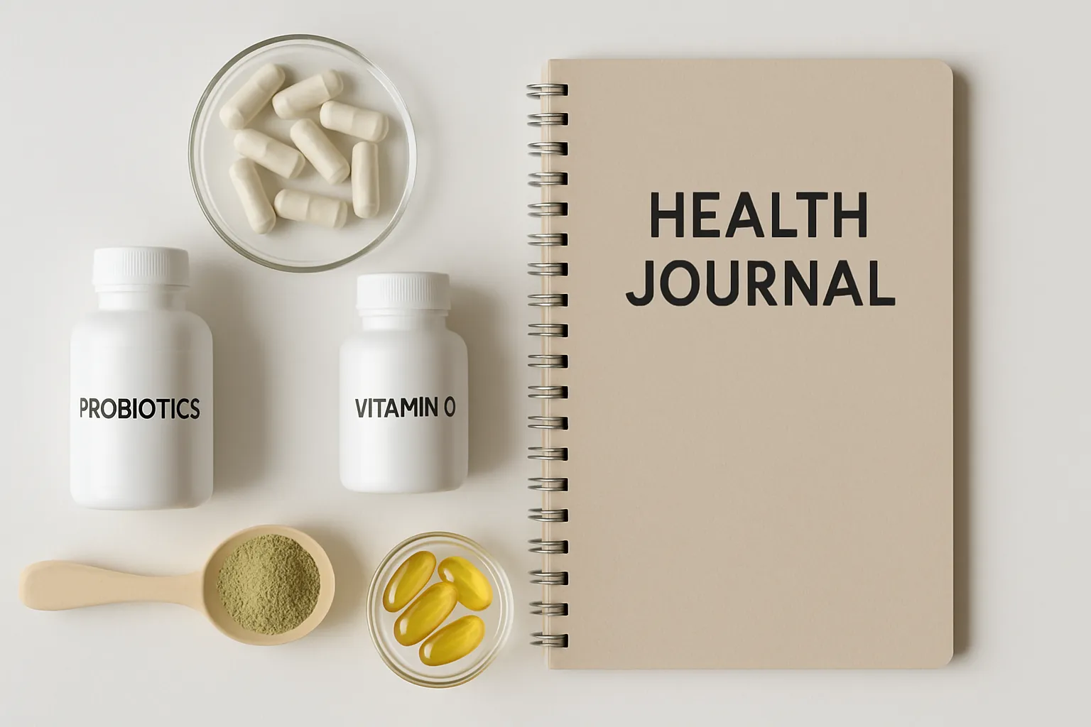 Frascos de probióticos, prebióticos e suplementos organizados sobre superfície branca para protocolo de tratamento da disbiose