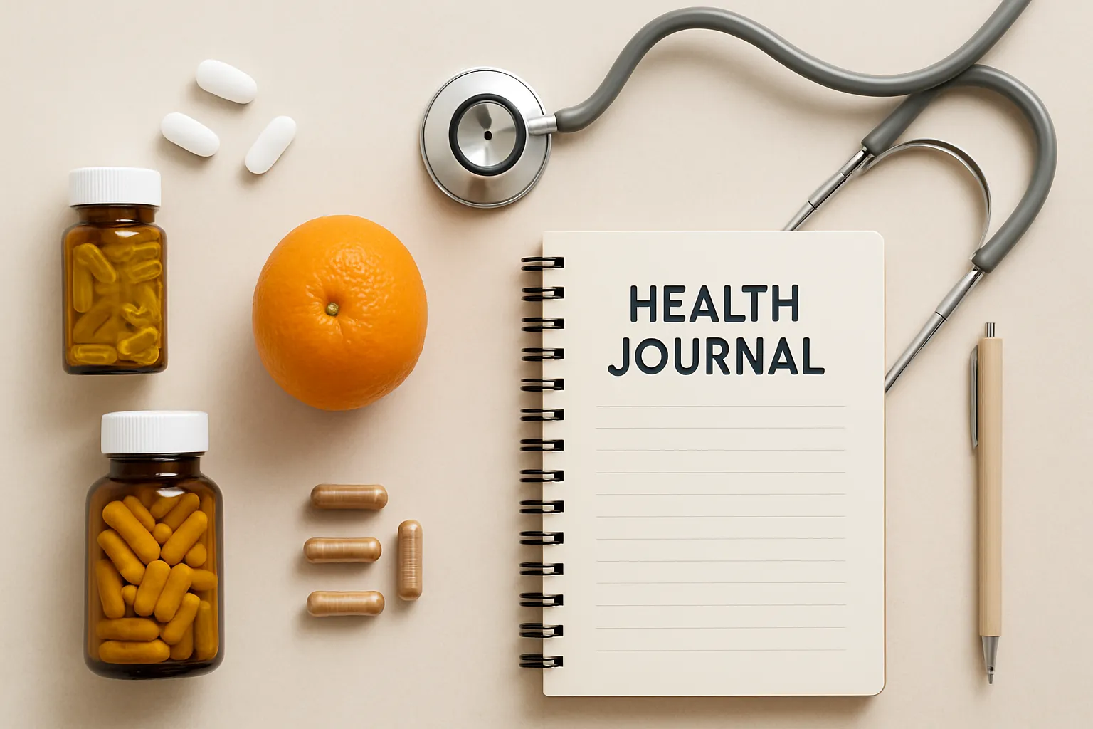 Suplementos e Ferramentas para Ativação de Sirtuínas Suplementos de resveratrol e diário de saúde organizados sobre mesa limpa para protocolo de ativação de sirtuínas