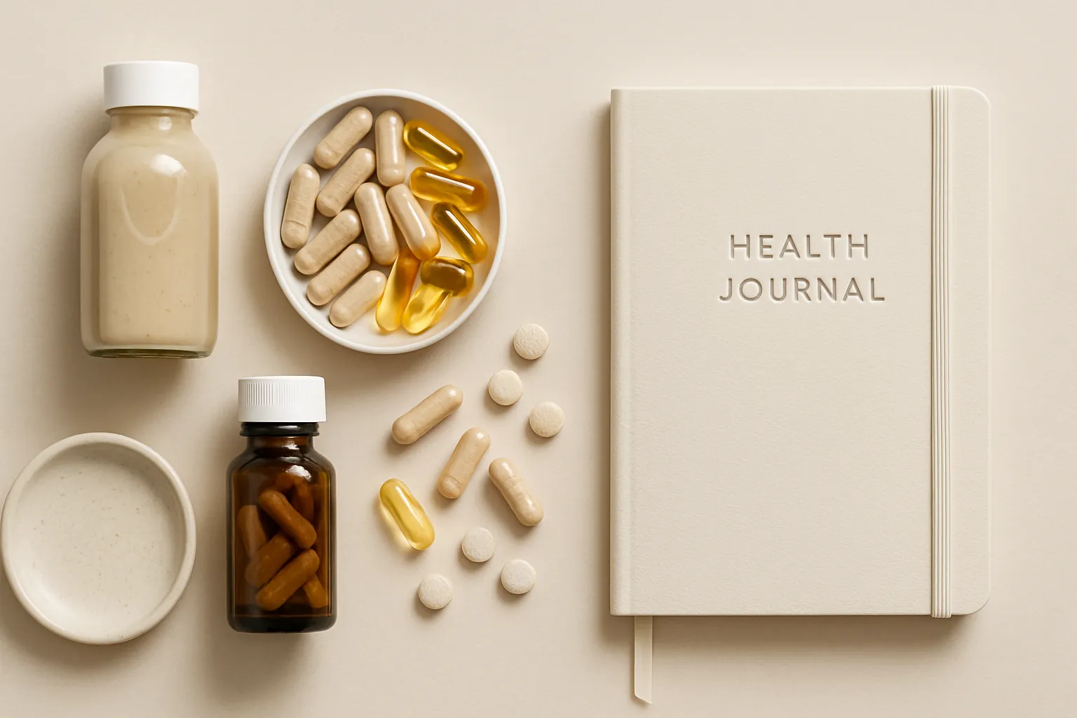 Suplementos Senolíticos e Biomarcadores de Longevidade Suplementos senolíticos como quercetina, fisetin e resveratrol organizados com exames médicos para avaliação de células senescentes