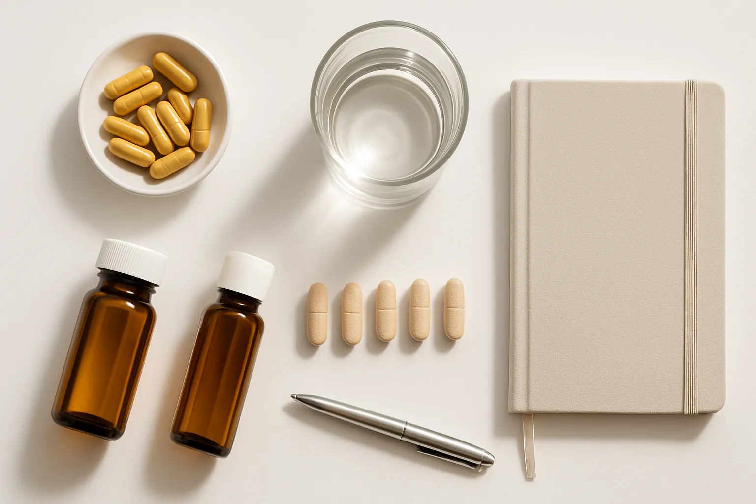 Suplementos Senolíticos e Ferramentas de Longevidade Arranjo organizado de suplementos de fisetina, quercetina e outros compostos senolíticos sobre superfície limpa, representando o protocolo científico de antienvelhecimento