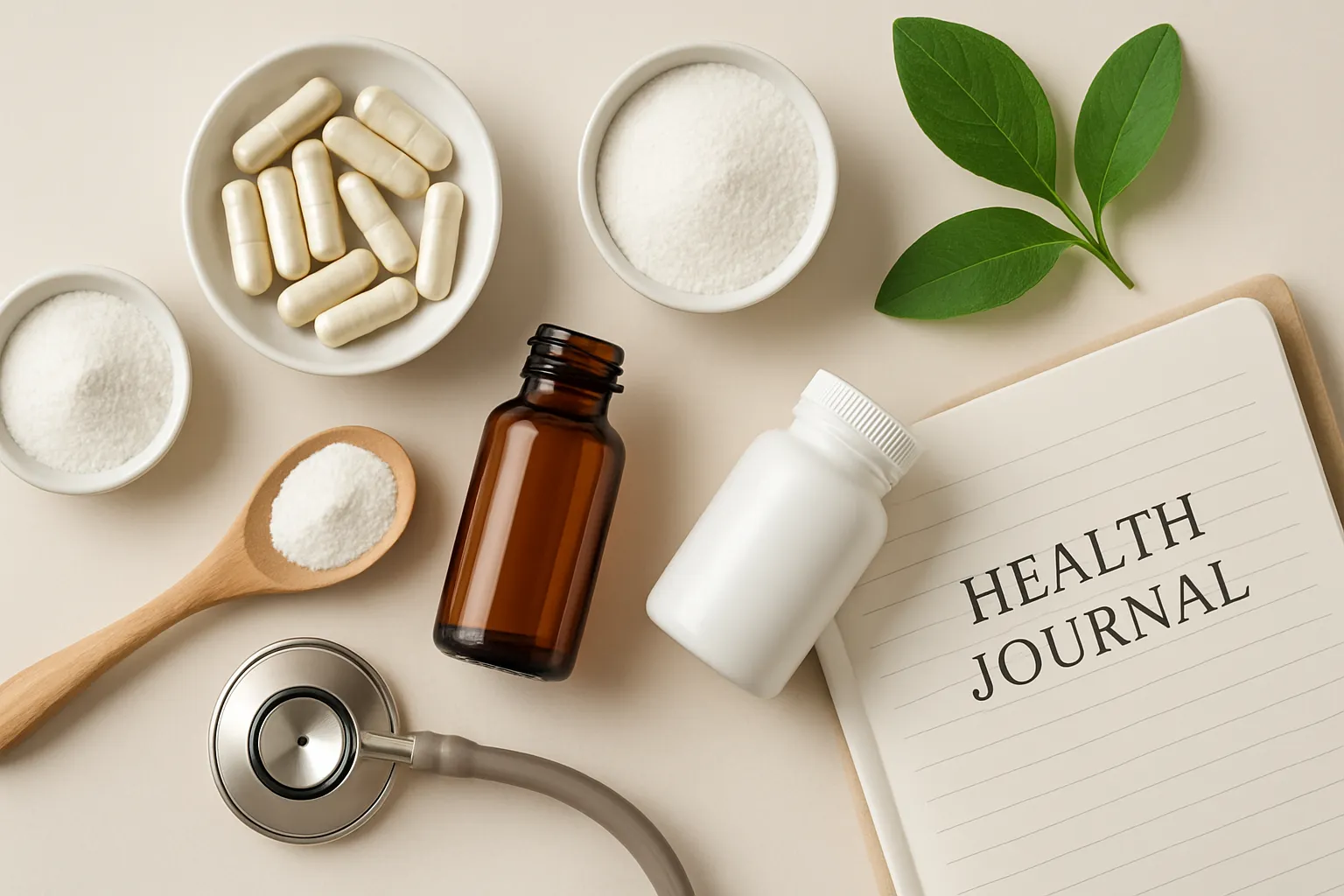 Suplementos de taurina e ferramentas de saúde cardiovascular Frascos de suplementos de taurina, monitor de pressão arterial e materiais informativos sobre saúde cardiovascular organizados em superfície limpa