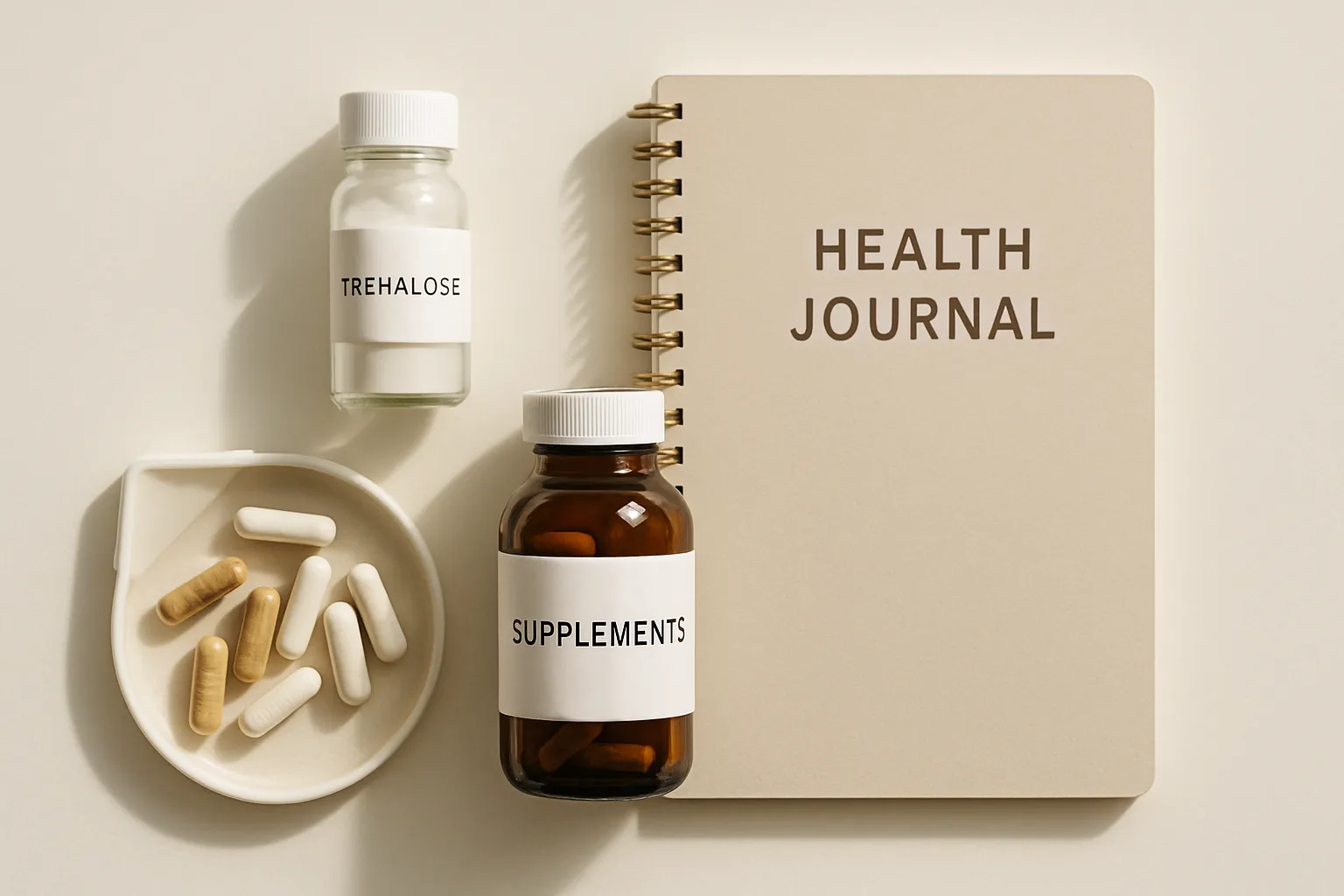 Suplementos de trehalosa e ferramentas de wellness Frascos de suplementos de trehalosa e diário de saúde organizados sobre mesa limpa para longevidade