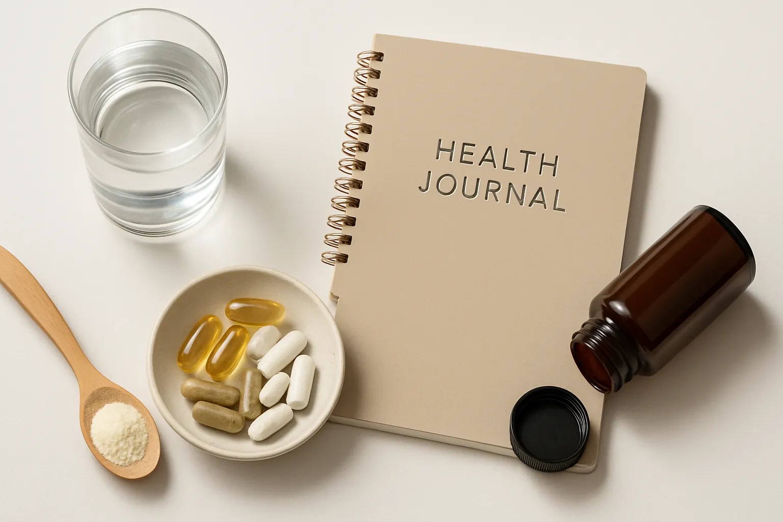 Suplementos e Ferramentas para Wellness Imunológico Frascos de suplementos para wellness e diário de saúde organizados sobre mesa limpa