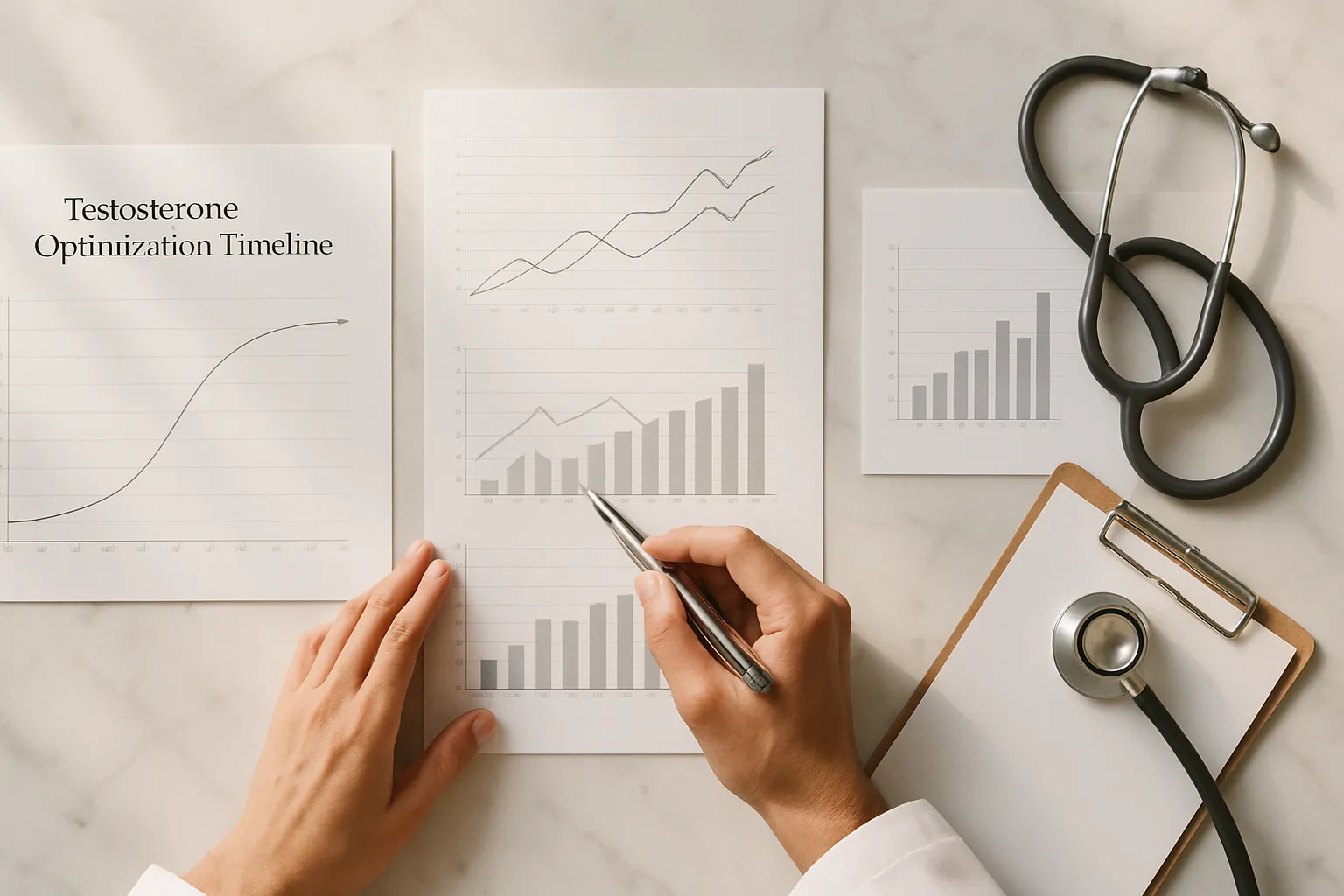 Vista superior de consulta médica mostrando gráficos de monitoramento hormonal e acompanhamento contínuo de otimização de testosterona