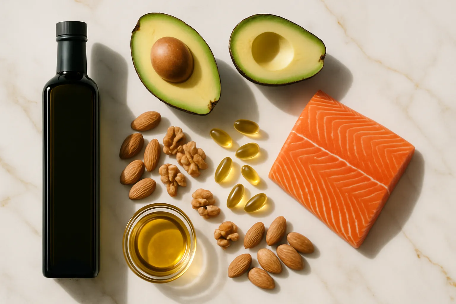 Flat lay premium editorial: azeite extra virgem, abacate fresco, salmão selvagem, mix de oleaginosas, cápsulas de ômega-3 sem rótulos arranjados artisticamente sobre mármore branco com veios dourados