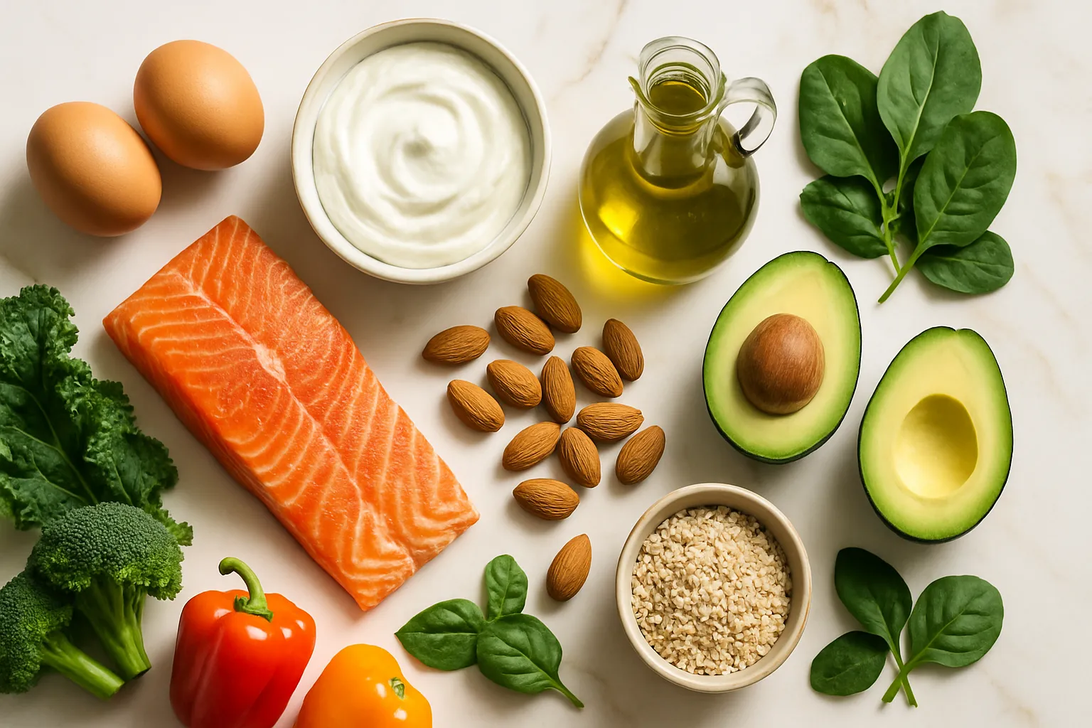 Composição flat lay de alimentos ricos em proteínas, gorduras saudáveis e fibras que estimulam naturalmente a produção de peptídeo YY para controle do apetite