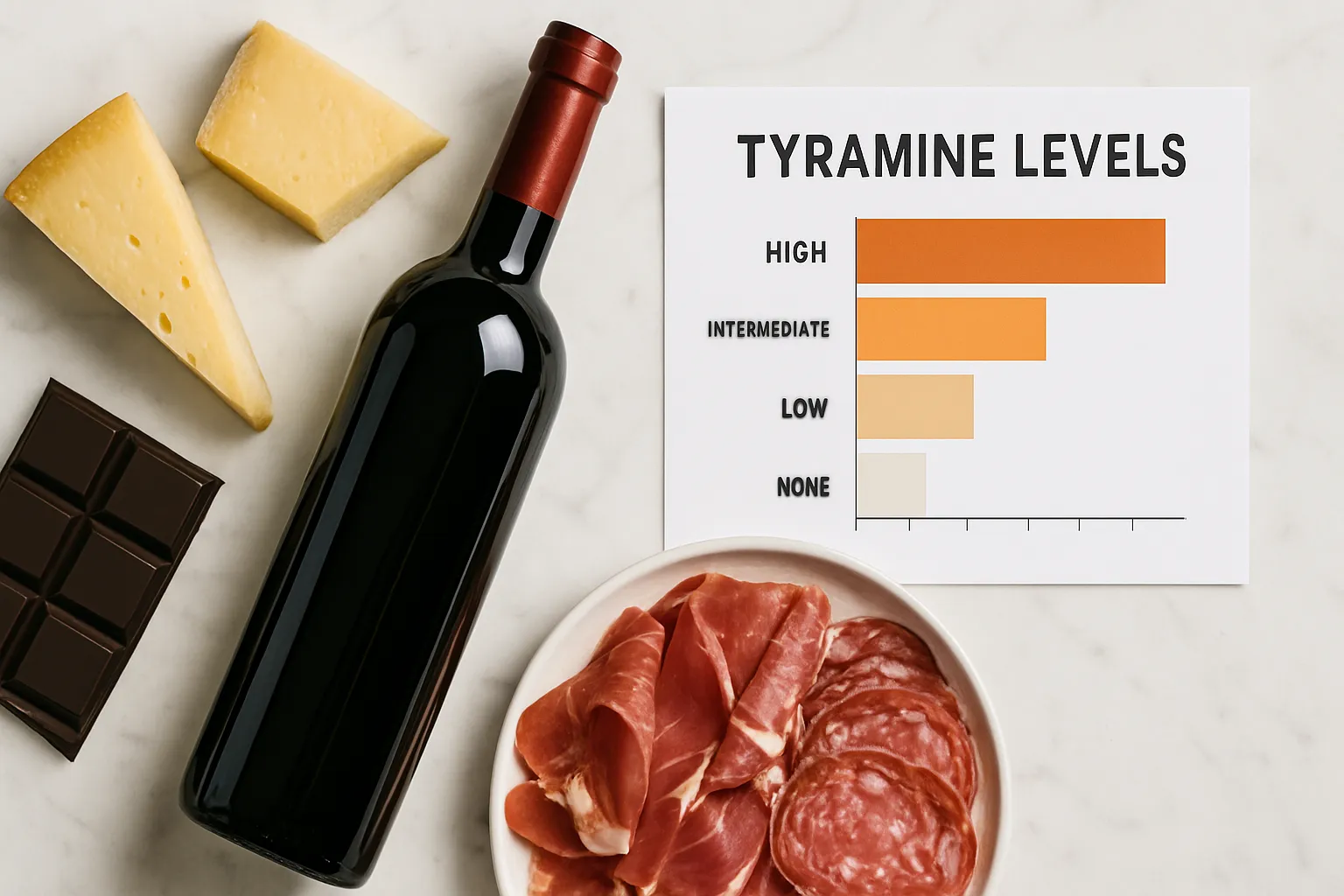 Alimentos Ricos em Aminas Biogênicas Vista superior de alimentos que contêm altas concentrações de tiramina e histamina: queijos curados, vinho tinto, chocolate e carnes processadas organizados sobre superfície branca