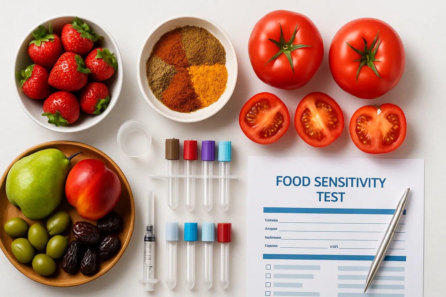 Flat lay com frutas vermelhas, temperos e alimentos ricos em salicilatos organizados sobre superfície branca