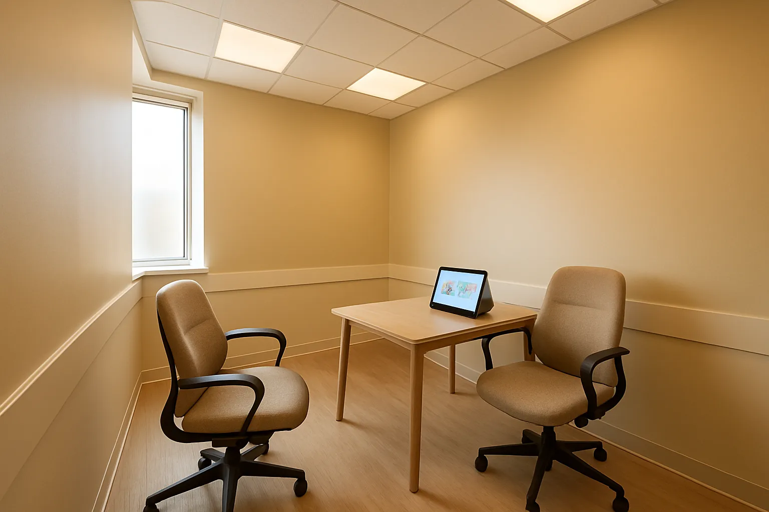Sala de consulta médica moderna com duas cadeiras ergonômicas, mesa lateral e iluminação ambiente suave em tons bege e creme