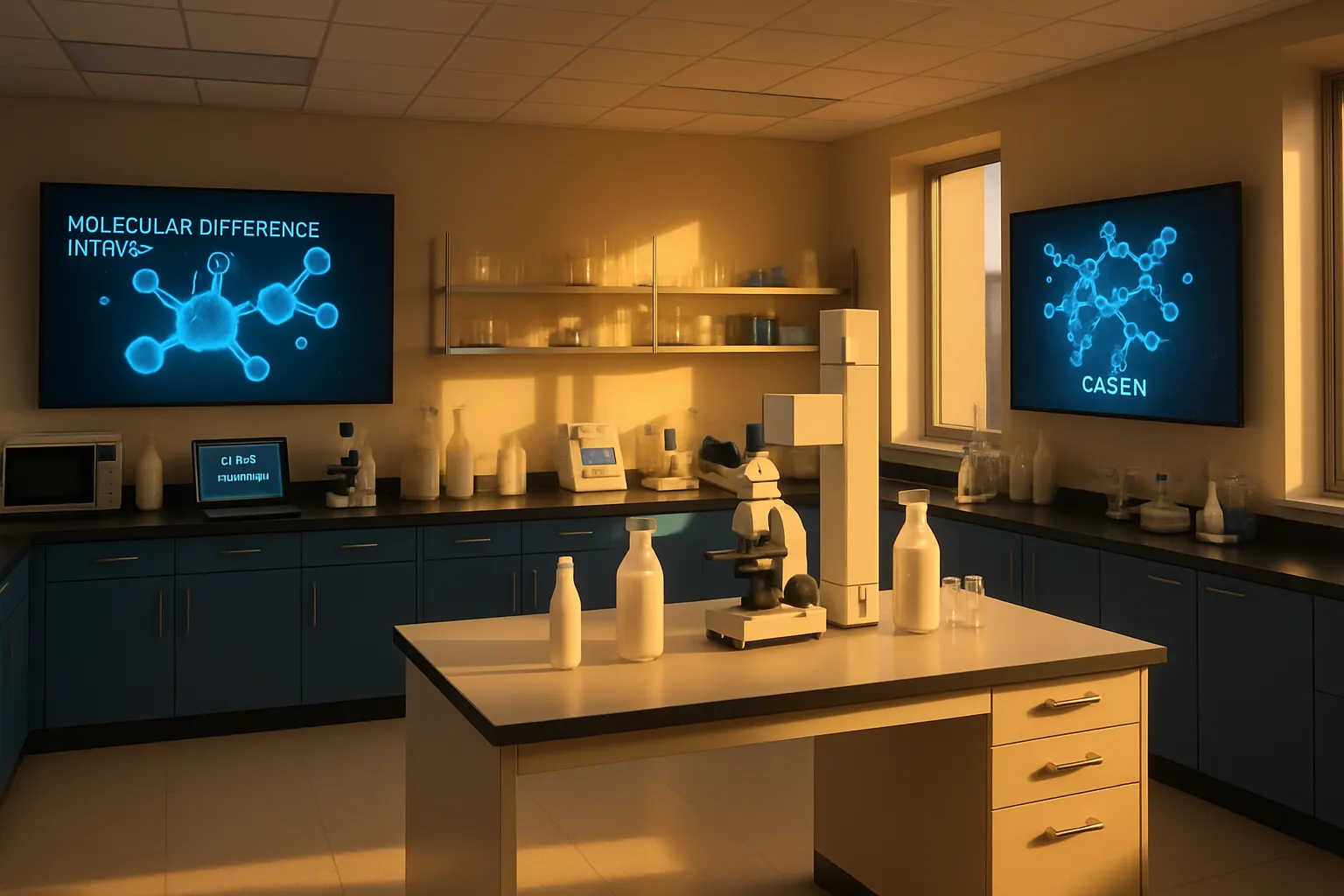 Laboratório moderno especializado em análise de proteínas lácteas com equipamentos científicos