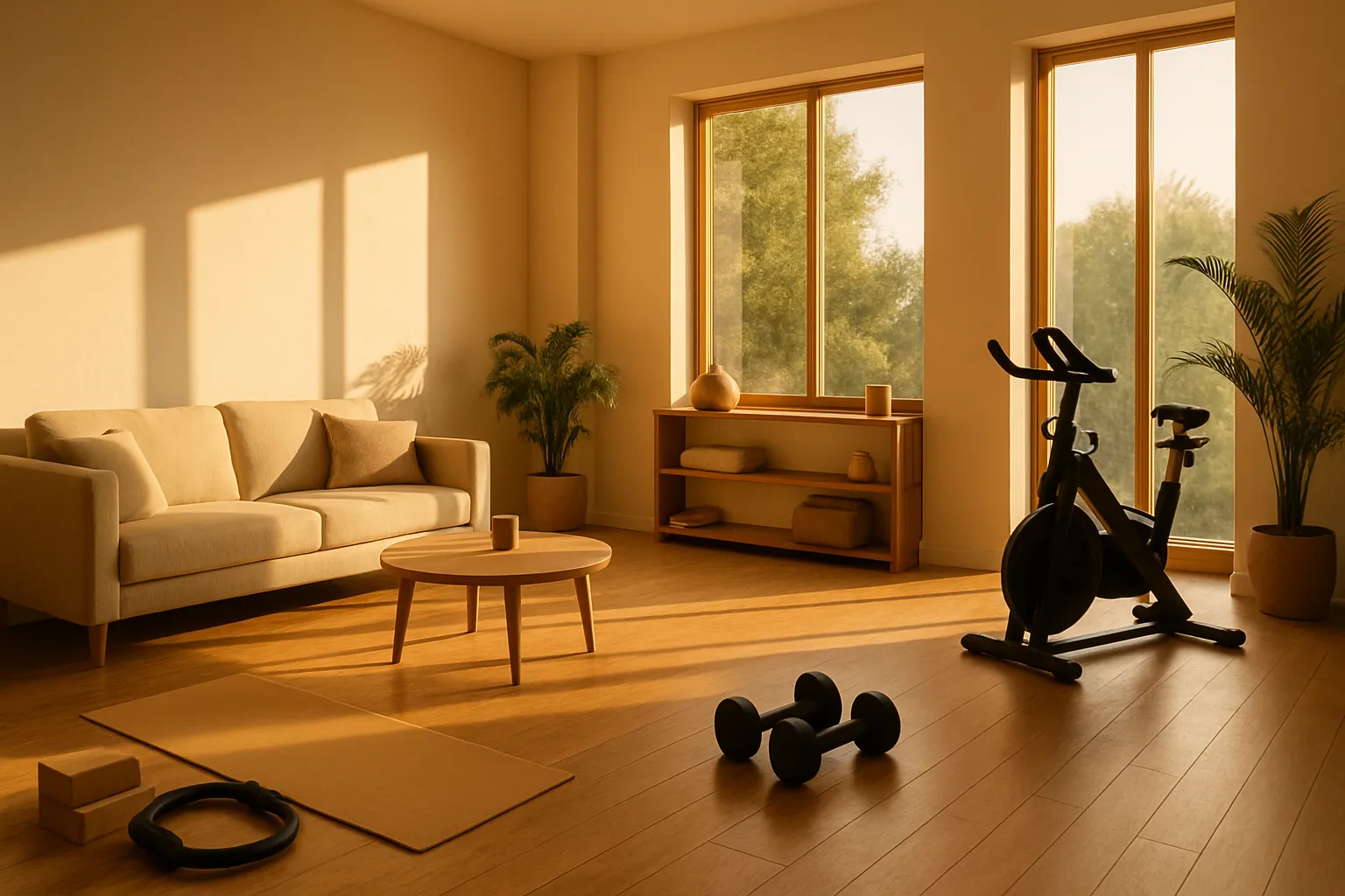 Sala de estar focada em bem-estar com equipamentos de exercício para apoiar a saúde intestinal e regulação da zonulina