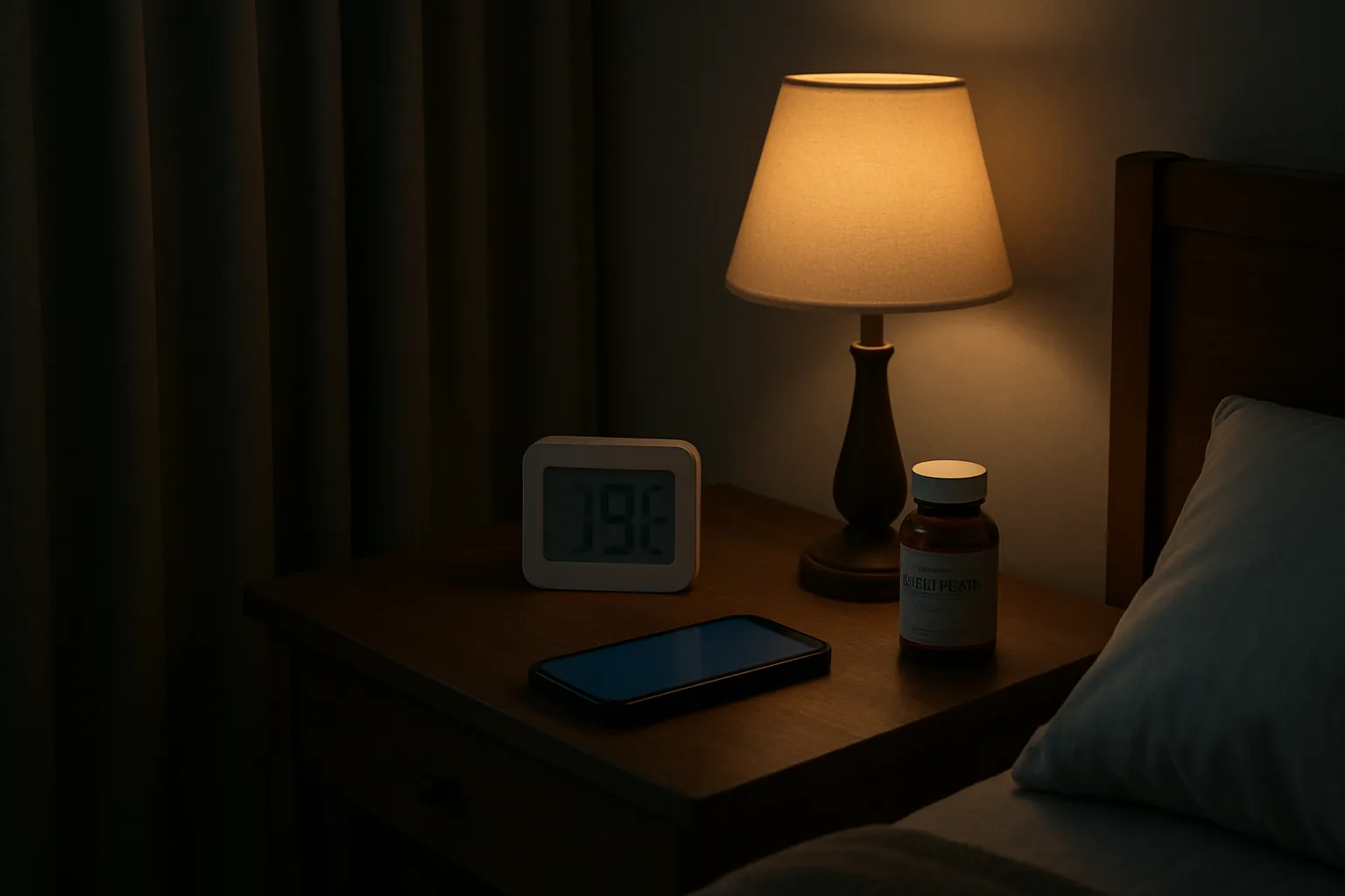 Ambiente Ideal para Sono com Melatonina Quarto preparado para sono ideal com cortinas blackout, termômetro mostrando temperatura adequada, luz âmbar, celular virado e frasco de melatonina