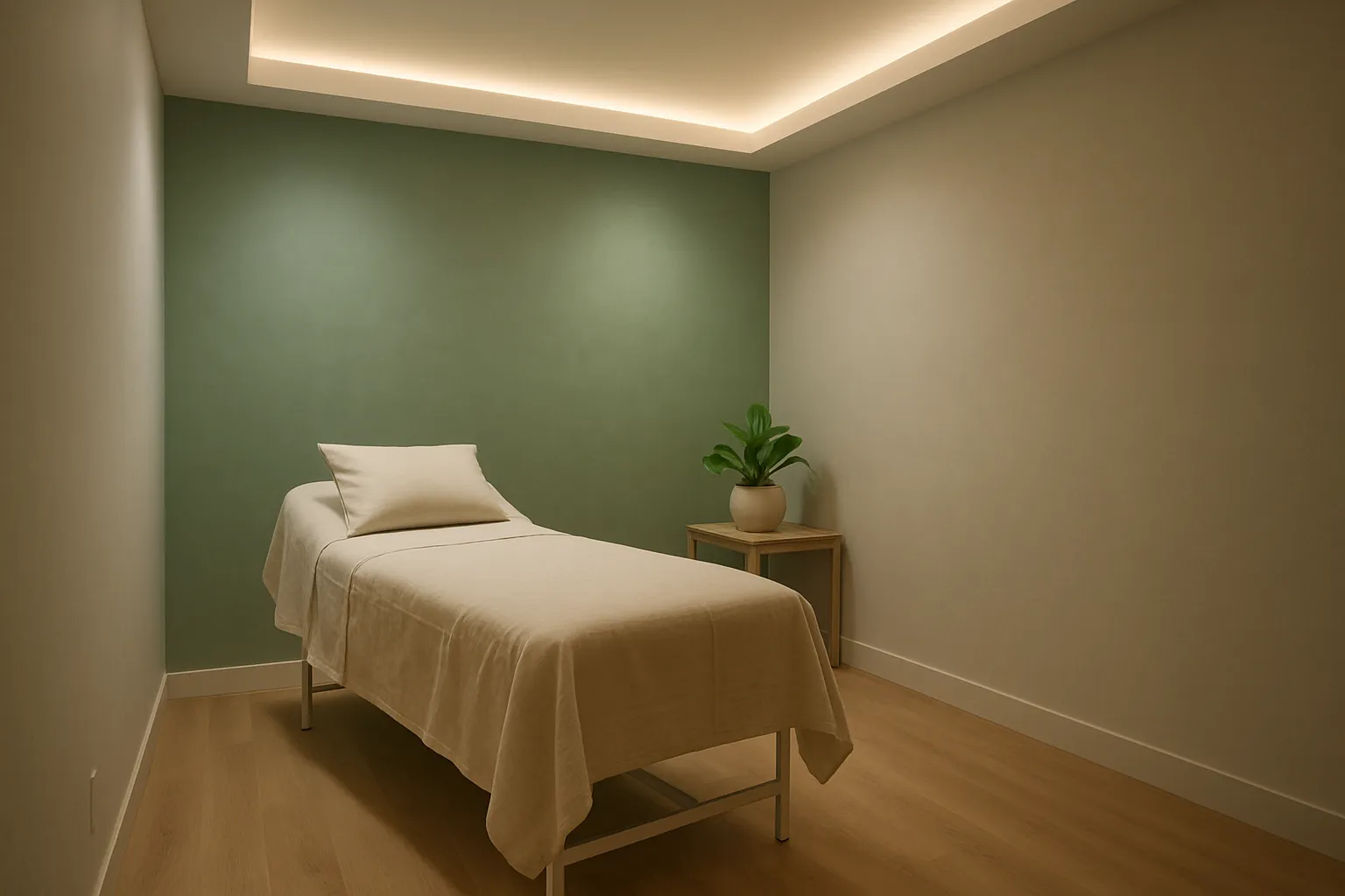 Ambiente Terapêutico para Tratamento Integrativo de Saúde Mental Sala de tratamento terapêutico estilo spa com parede verde sálvia, iluminação ambiente suave e decoração minimalista, criando atmosfera serena para cuidado integrativo de saúde mental