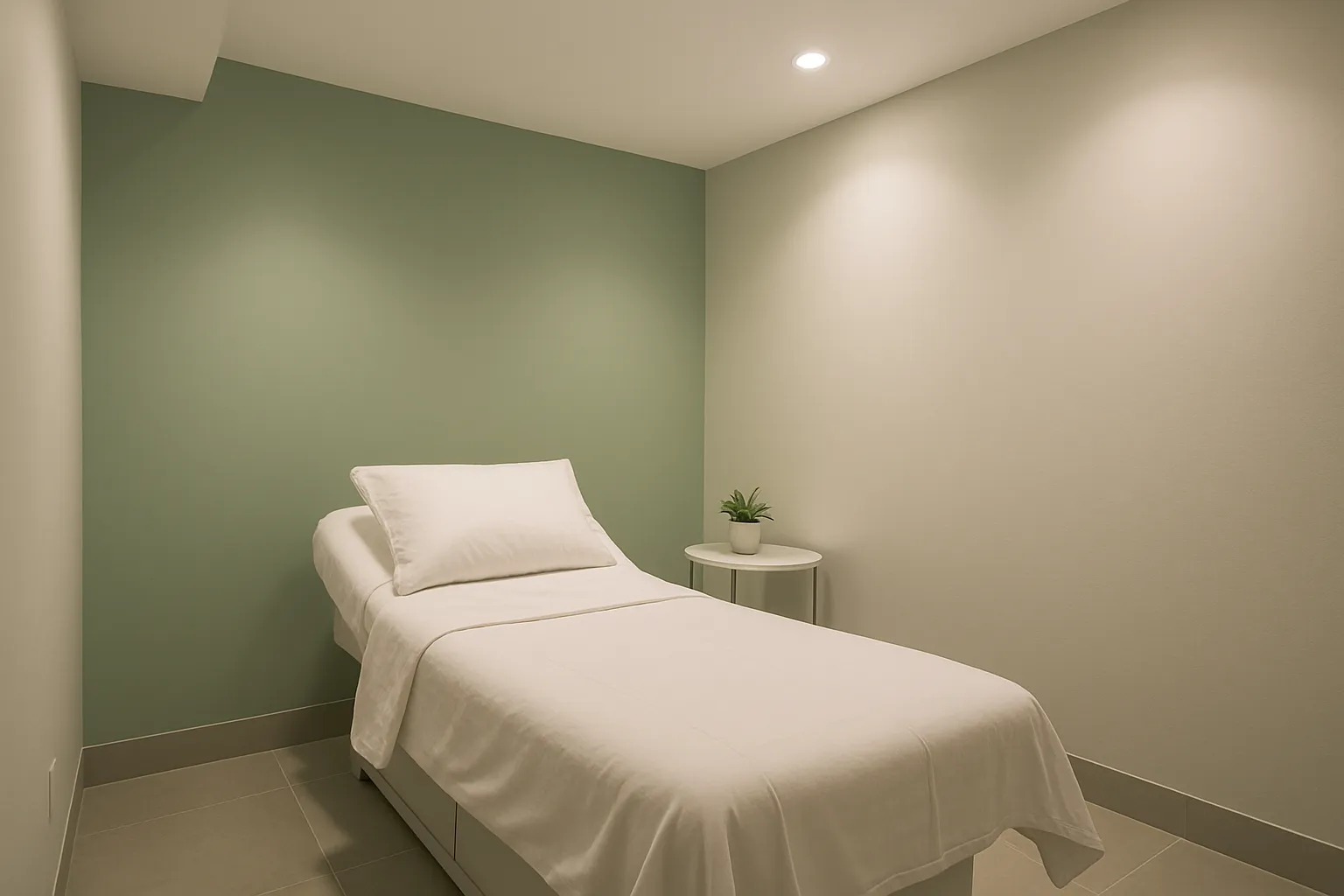 Sala de tratamento estilo spa para recuperação do sono com maca médica única, paredes em tons de cinza frio com detalhes em verde sálvia, iluminação ambiente suave de teto embutido, perspectiva de canto mostrando espaço profissional sereno