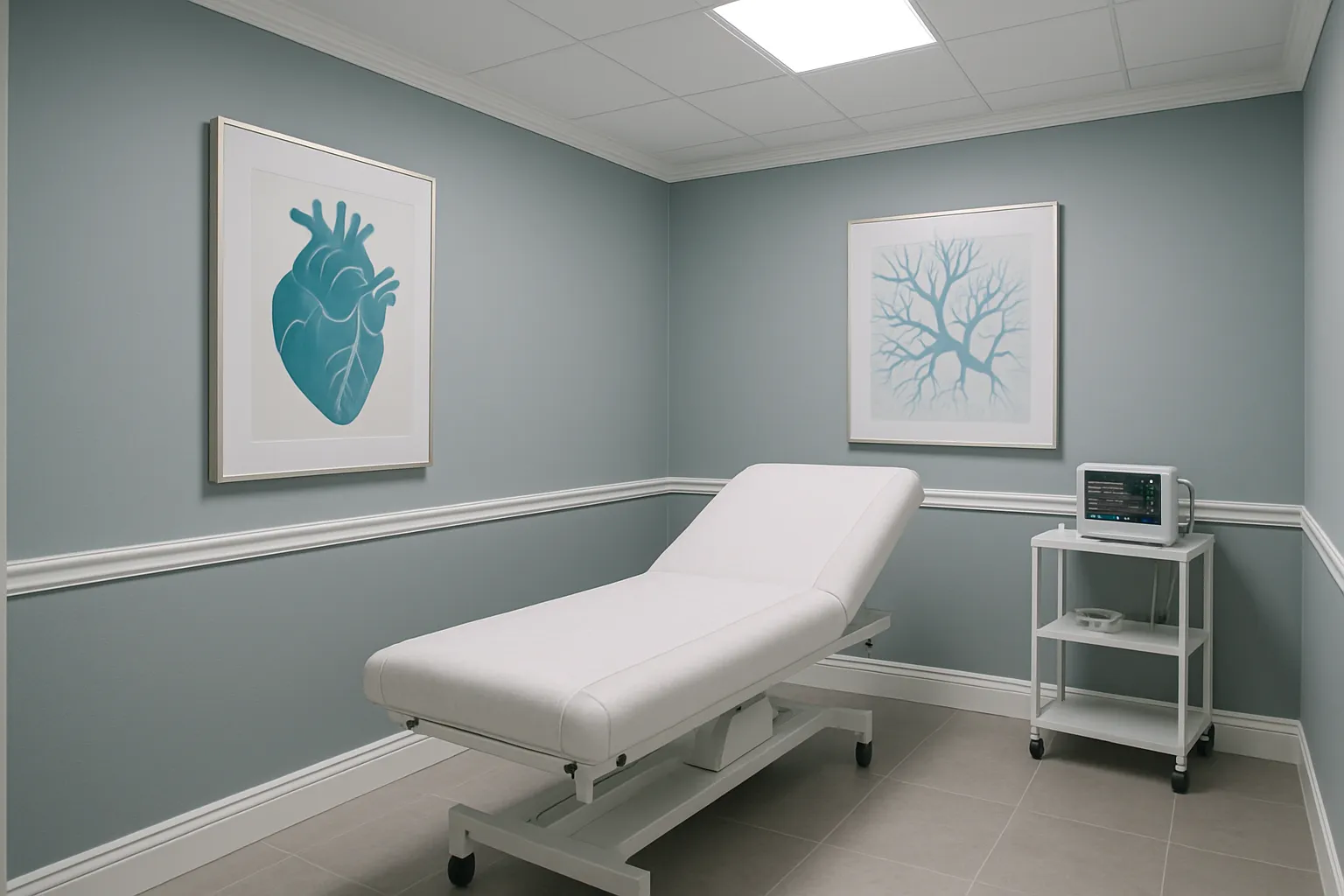 Sala de tratamento estilo spa com maca médica única, tons cinza frio com detalhes brancos, equipamento médico minimalista, iluminação clínica overhead, perspectiva de canto mostrando profundidade
