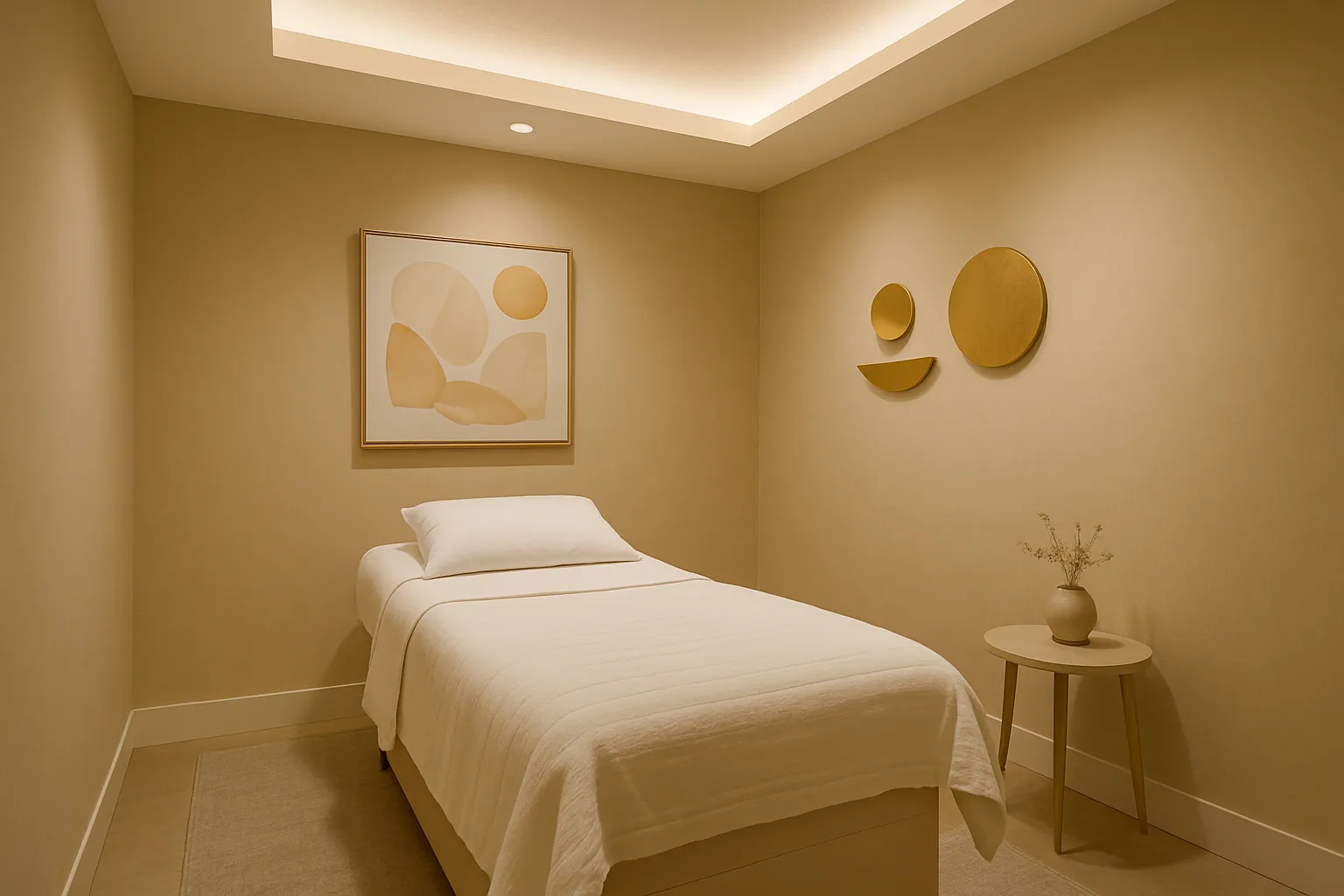 Sala de tratamento estilo spa para terapia hormonal integrativa com maca médica confortável, paredes bege quente com detalhes dourados suaves, iluminação ambiente suave de teto embutido, perspectiva elevada mostrando espaço profissional acolhedor e vazio