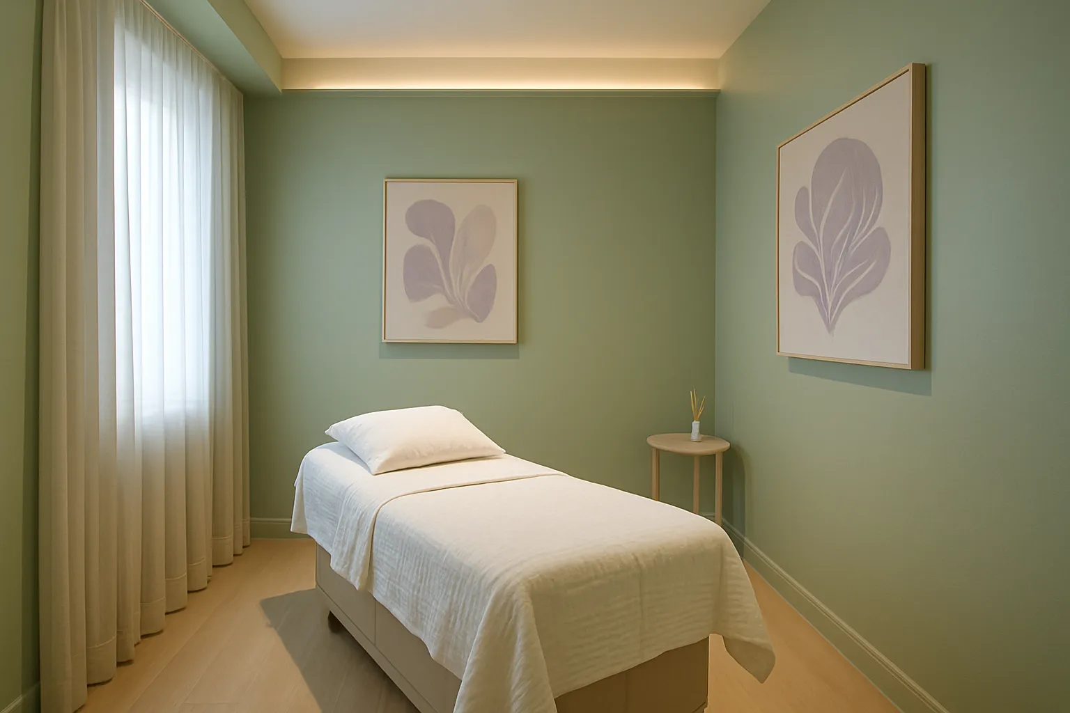 Sala de tratamento integrativo estilo spa com cama médica confortável, paredes verde sálvia com detalhes lavanda, iluminação ambiente suave e atmosfera tranquila para consultas de equilíbrio hormonal