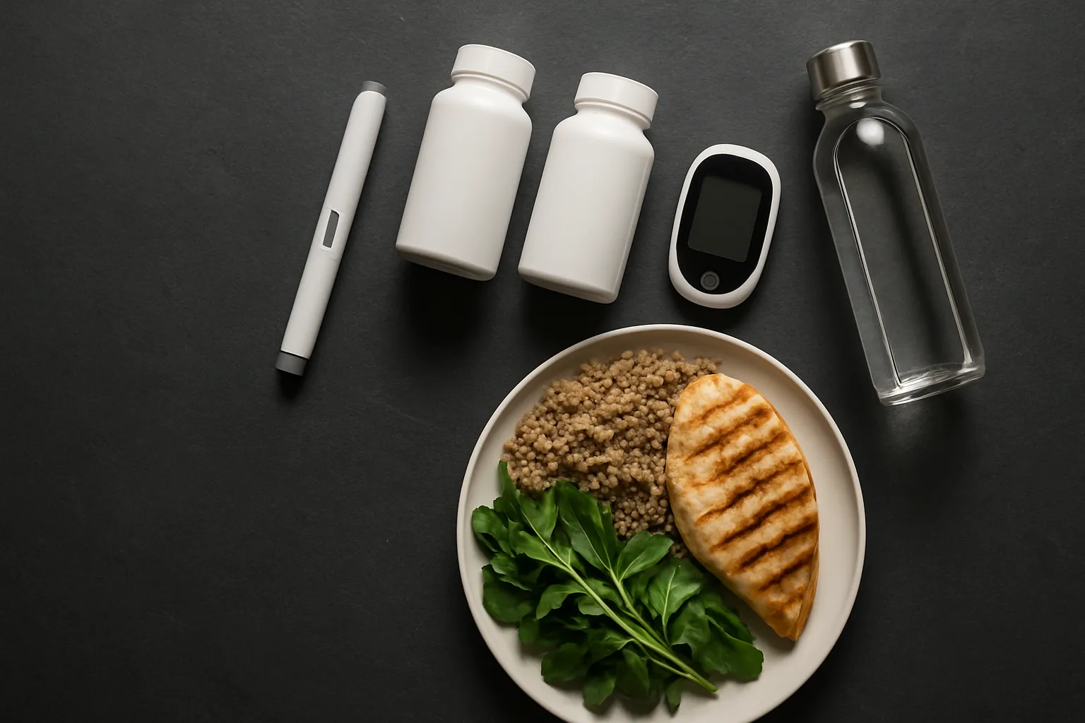 Ferramentas Essenciais Controle Hormonal Amilina Composição flat lay minimalista com caneta de pramlintida sem rótulo, suplementos, refeição proteica e dispositivo de monitoramento em superfície de pedra ardósia escura