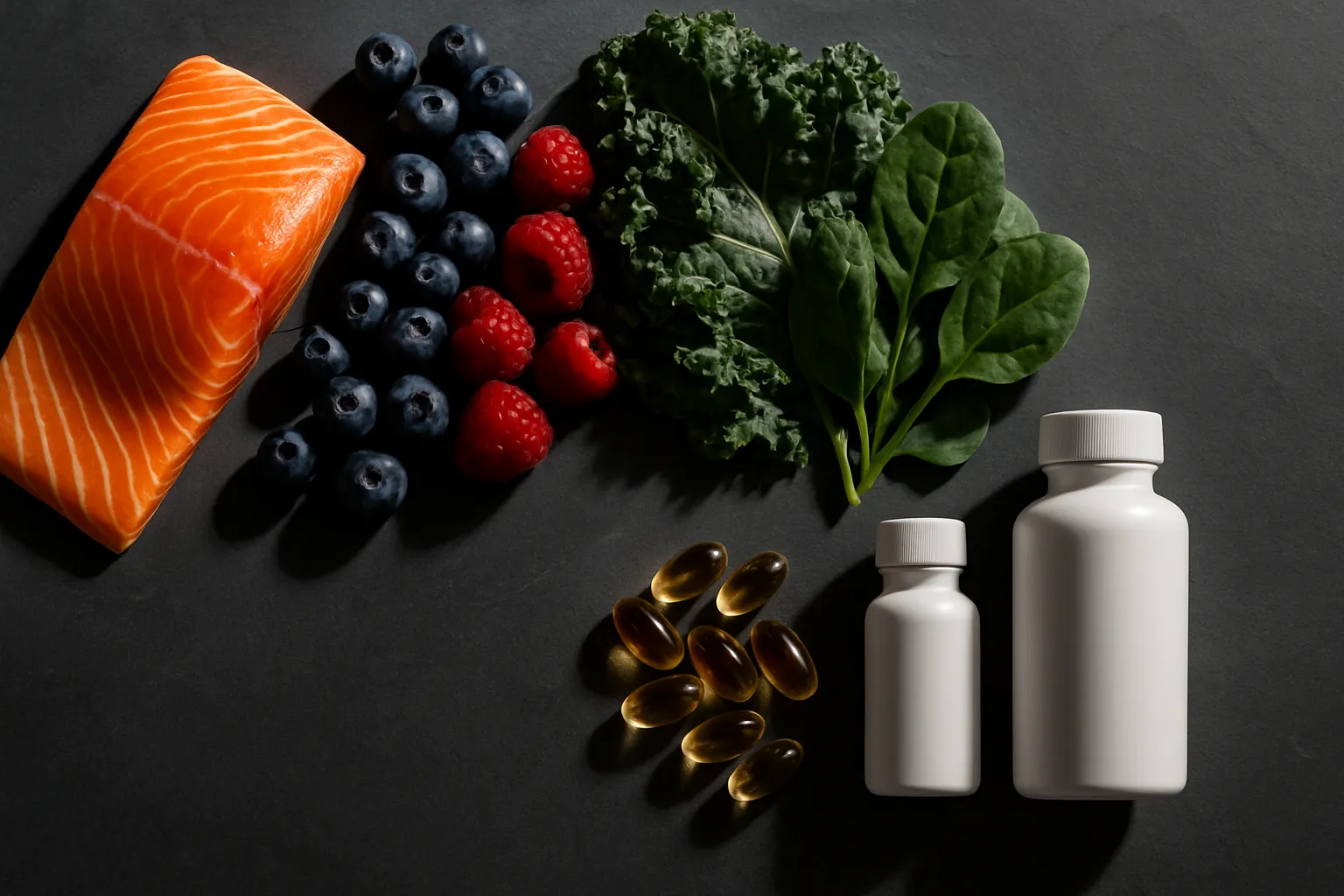 Composição flat lay minimalista com salmão fresco, berries, folhas verdes escuras, cápsulas ômega-3 sem rótulo e suplementos anti-inflamatórios organizados diagonalmente em pedra slate escura