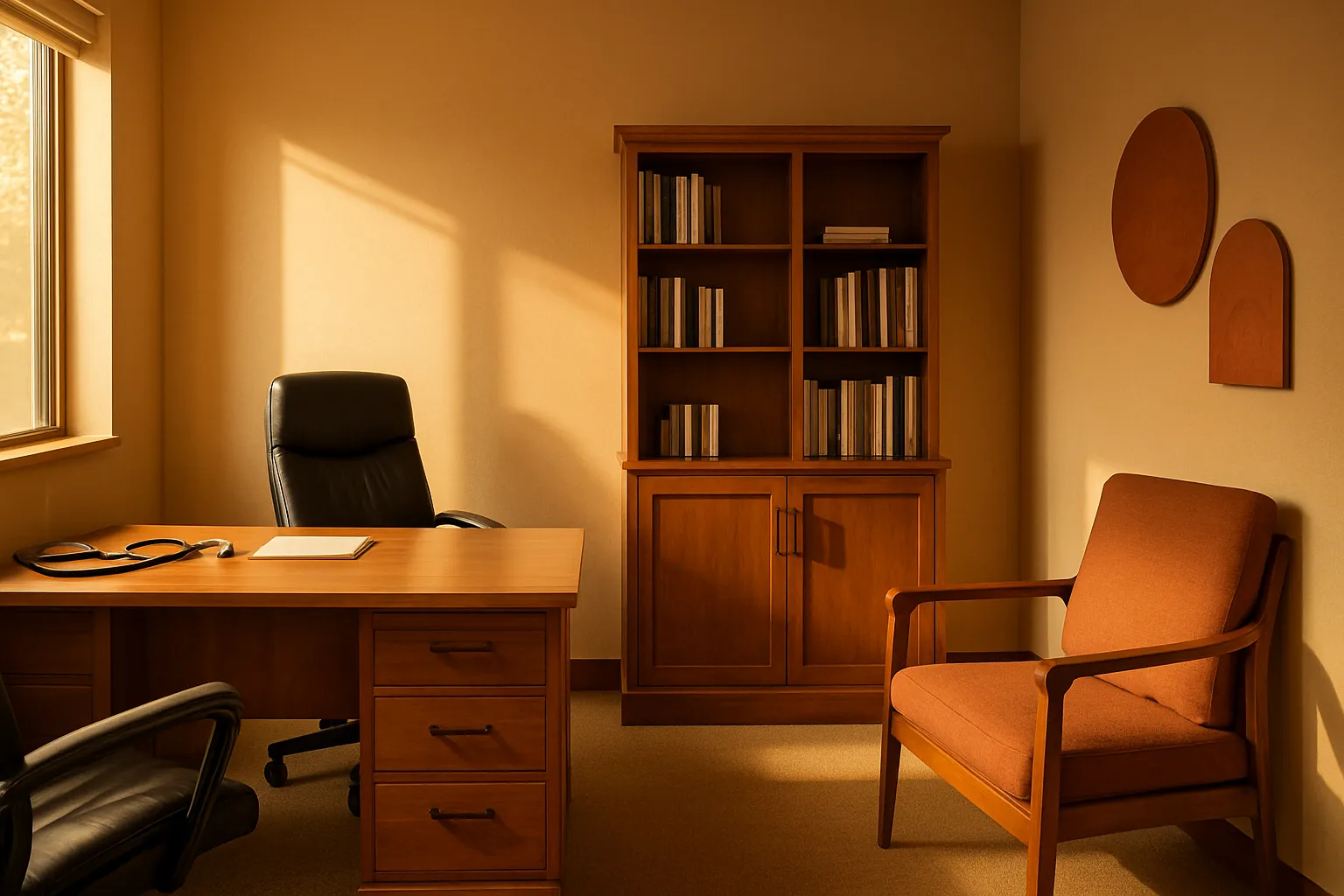Consultório privado de medicina funcional com mesa executiva em madeira quente, poltrona com almofada terracota e luz natural golden hour entrando pela janela lateral