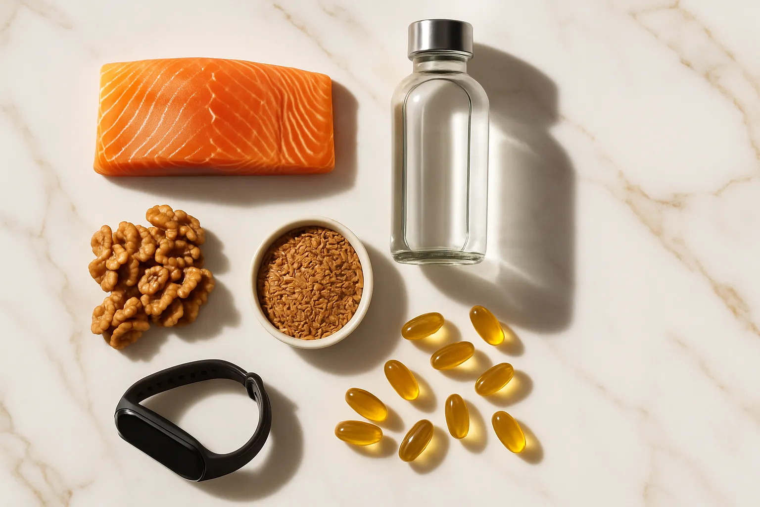 Arranjo flat lay premium com salmão fresco, nozes, linhaça, suplementos ômega-3 sem rótulo e dispositivo fitness minimalista sobre mármore branco com veios dourados