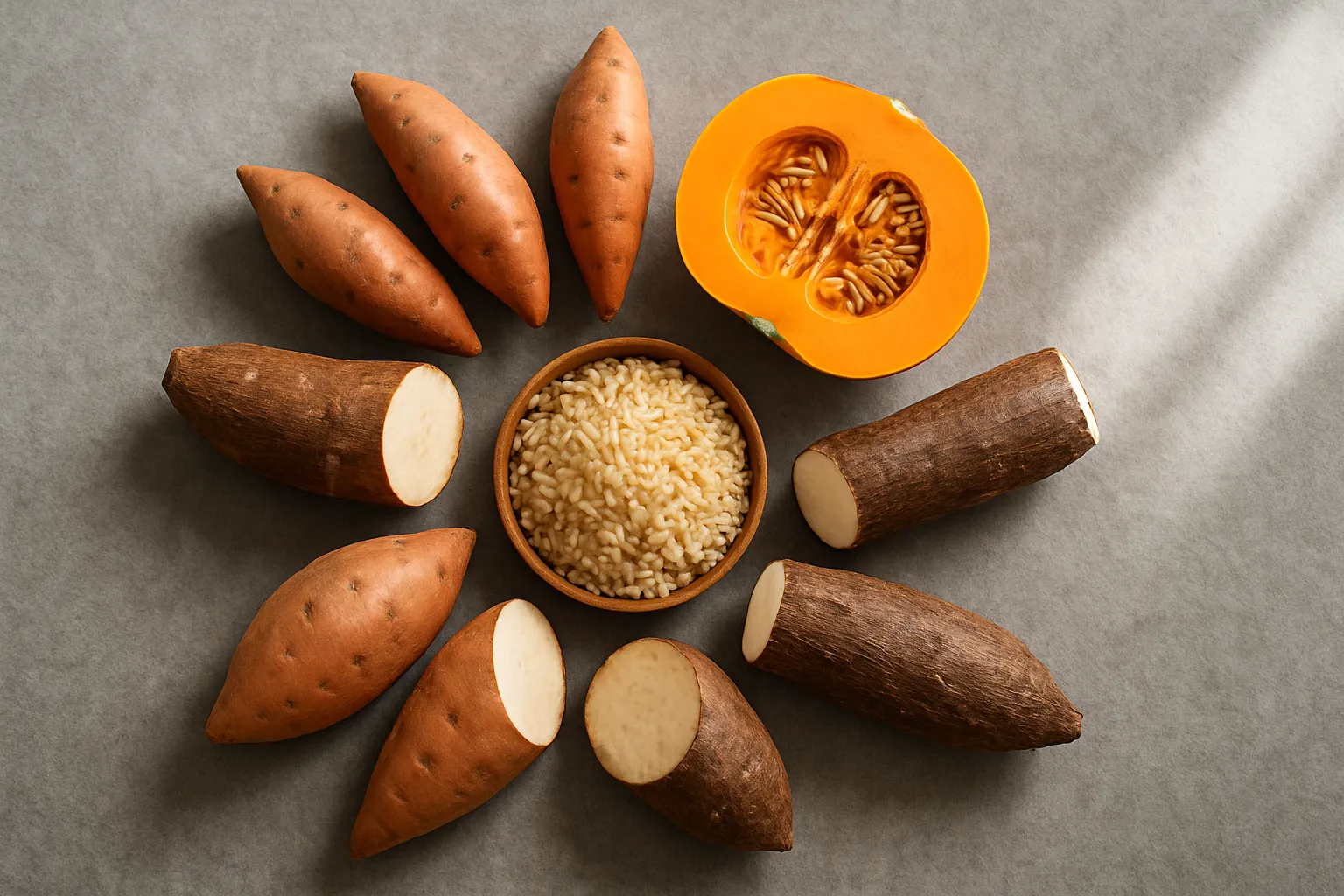 Carboidratos Anti-Inflamatórios e Alternativas ao Glúten Composição flat lay de carboidratos anti-inflamatórios sem glúten incluindo batata-doce, mandioca, inhame e abóbora em padrão circular